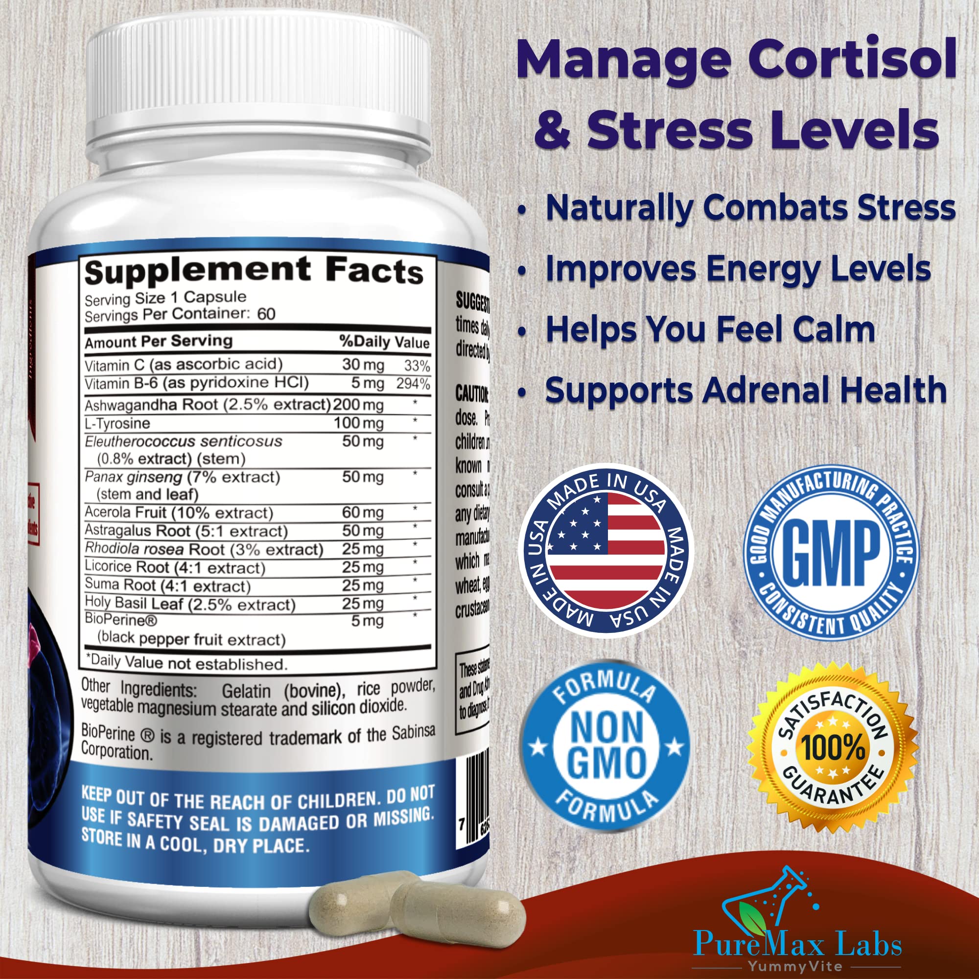 YUMMYVITE Adrenal Support Supplement showing side view of bottle