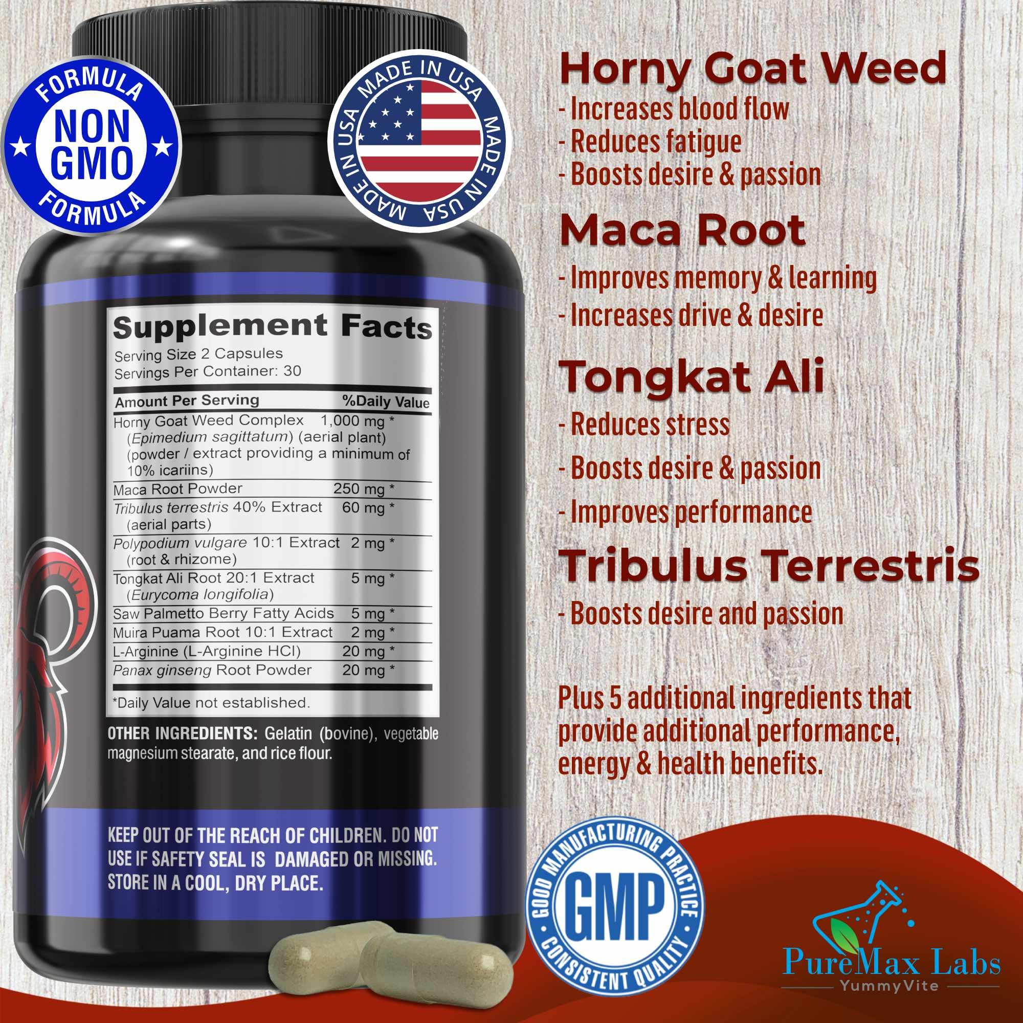 YUMMYVITE Horny Goat Weed Herbal Supplement side view with ingredients list
