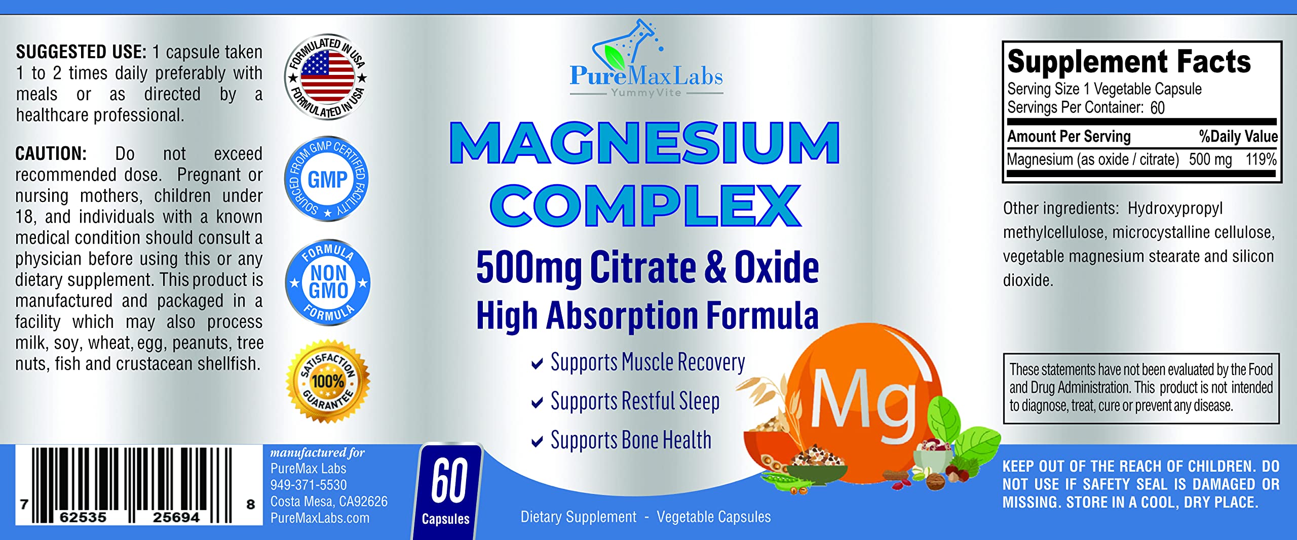 YUMMYVITE Magnesium Citrate & Oxide 500mg Capsules with measuring spoon