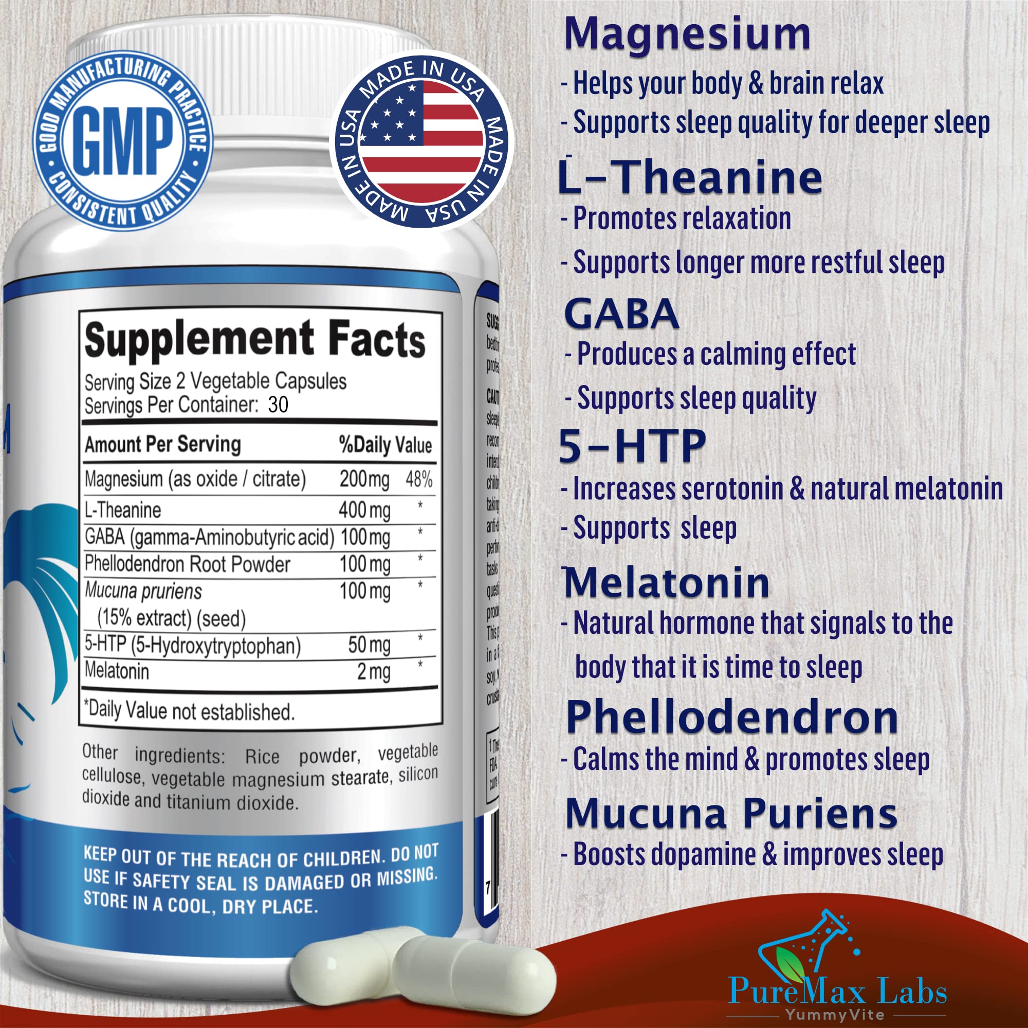YUMMYVITE Natural Calm Sleep Formula 68g back view with ingredient list