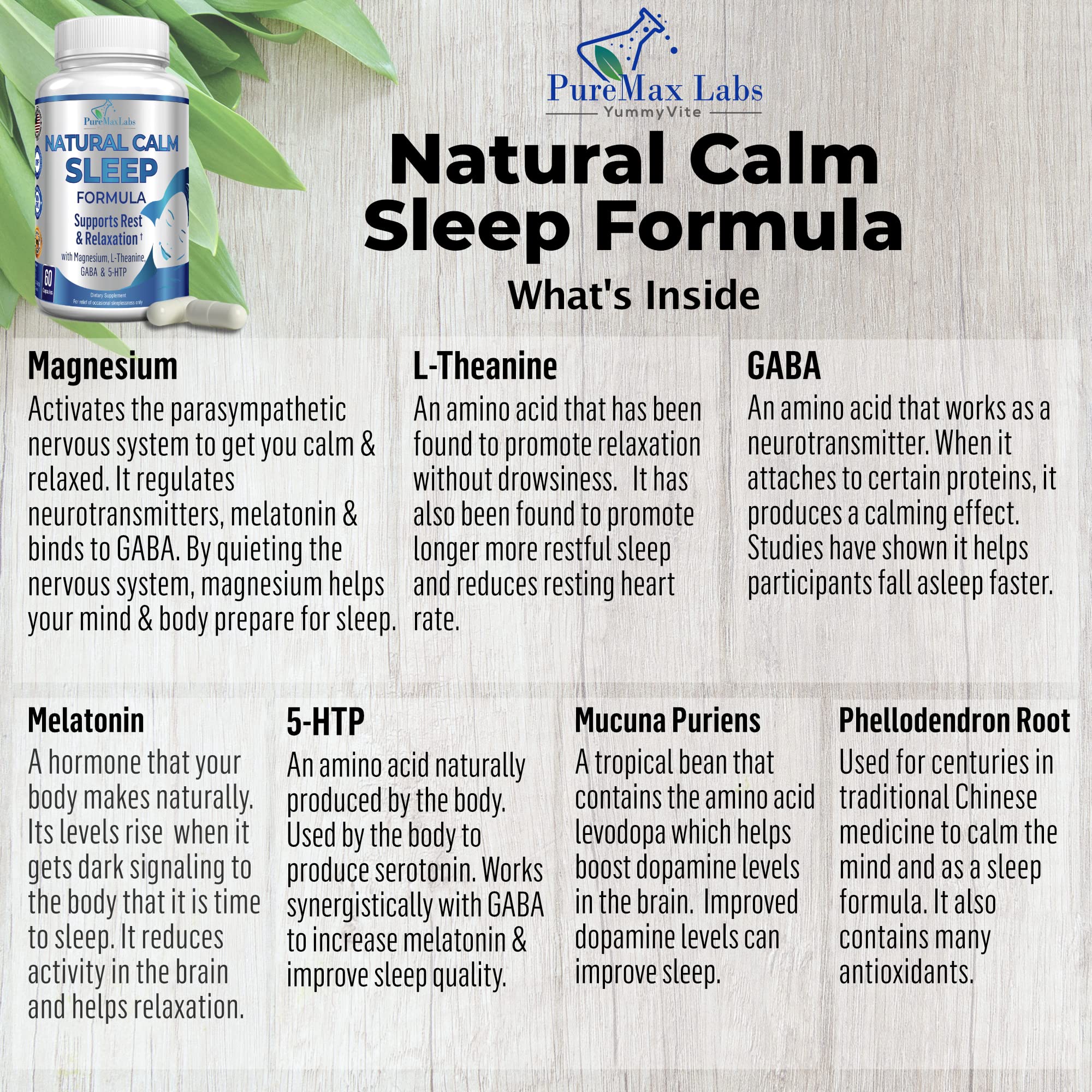 YUMMYVITE Natural Calm Sleep Formula 68g side view showing capsule