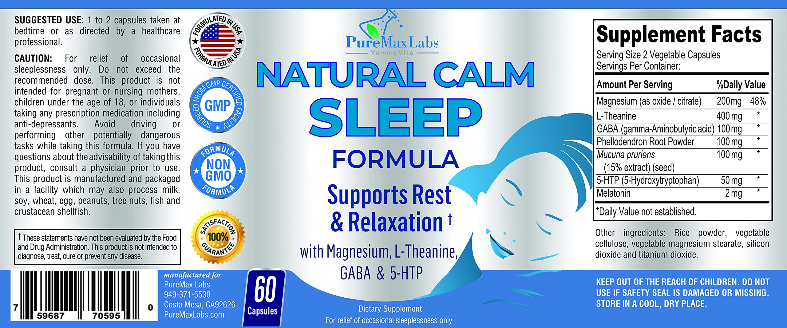 YUMMYVITE Natural Calm Sleep Formula 68g with a glass of water