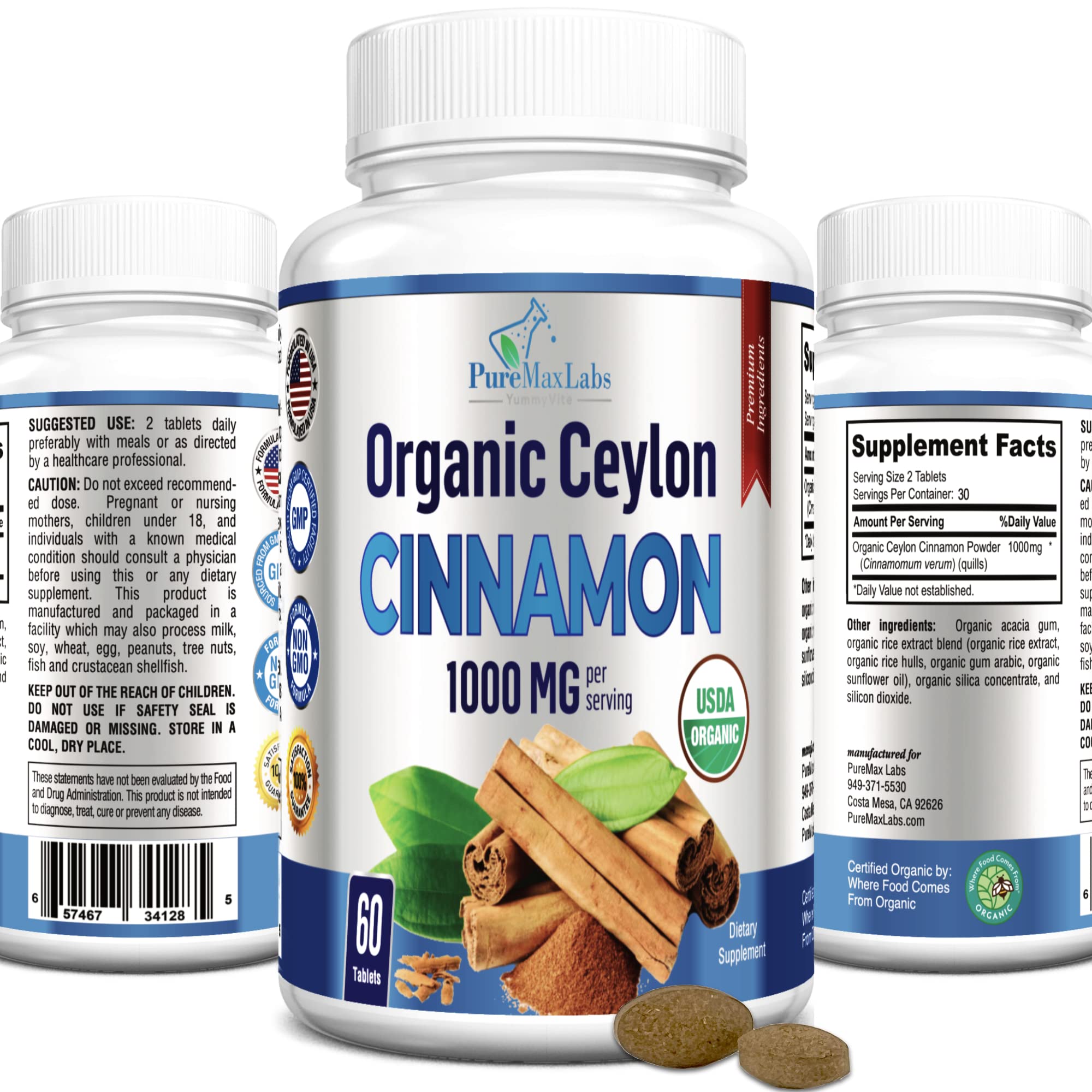 YUMMYVITE Organic Ceylon Cinnamon Tablets front view with packaging