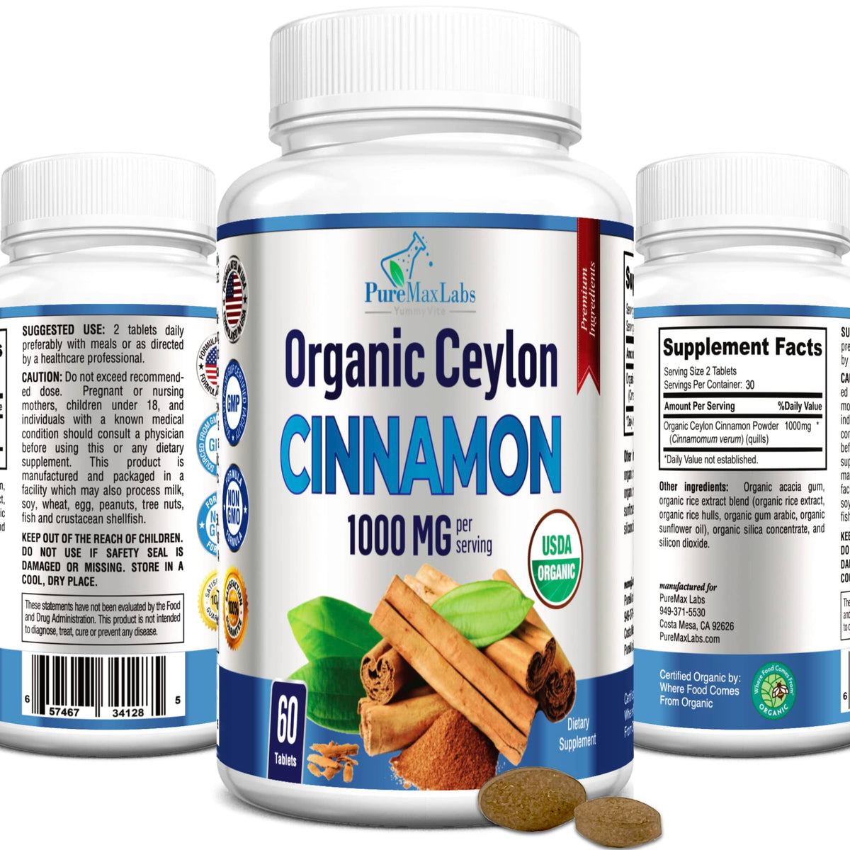 YUMMYVITE Organic Ceylon Cinnamon Tablets front view with packaging