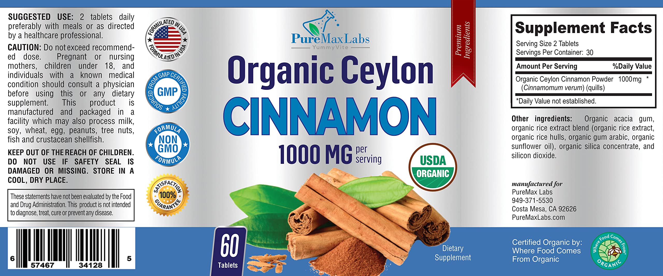 YUMMYVITE Organic Ceylon Cinnamon Tablets in hand for size reference
