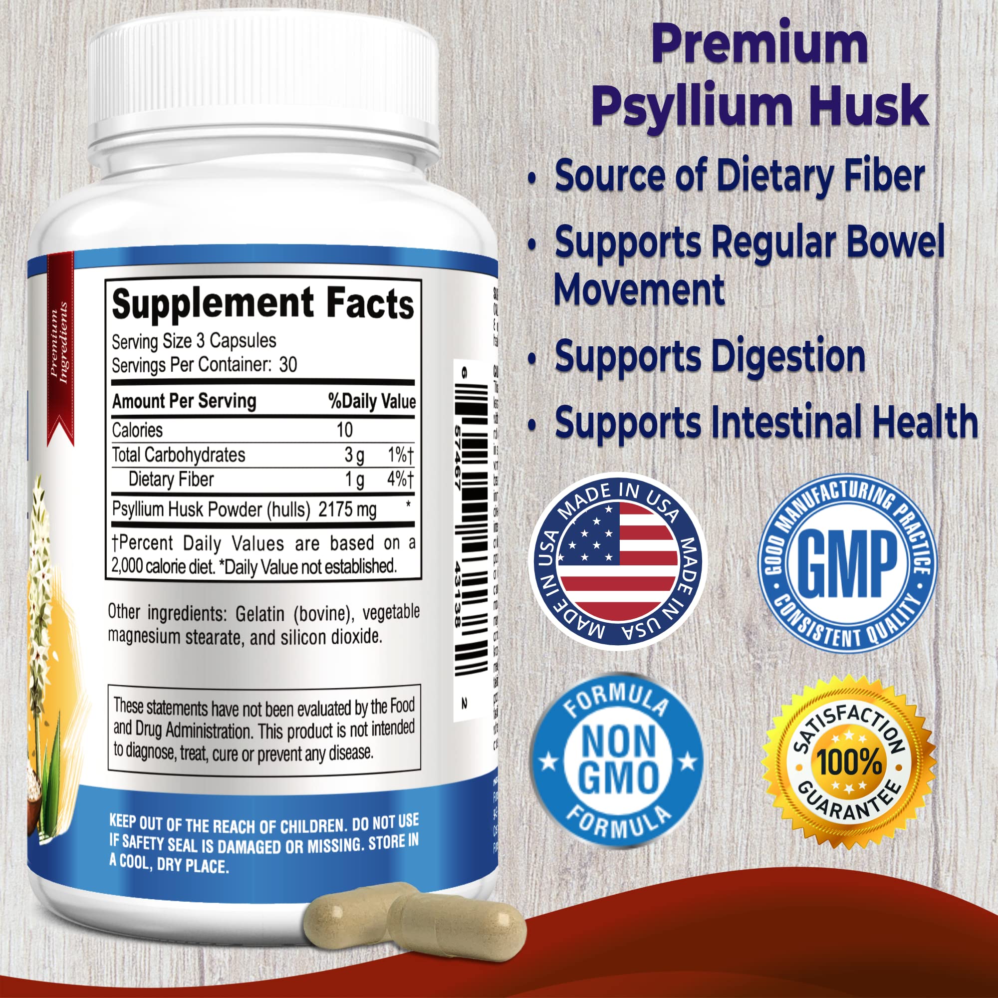 YUMMYVITE Psyllium Husk Capsules side view with label