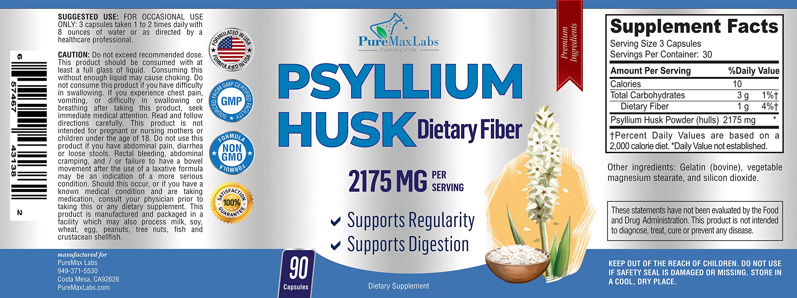 YUMMYVITE Psyllium Husk Capsules with glass of water