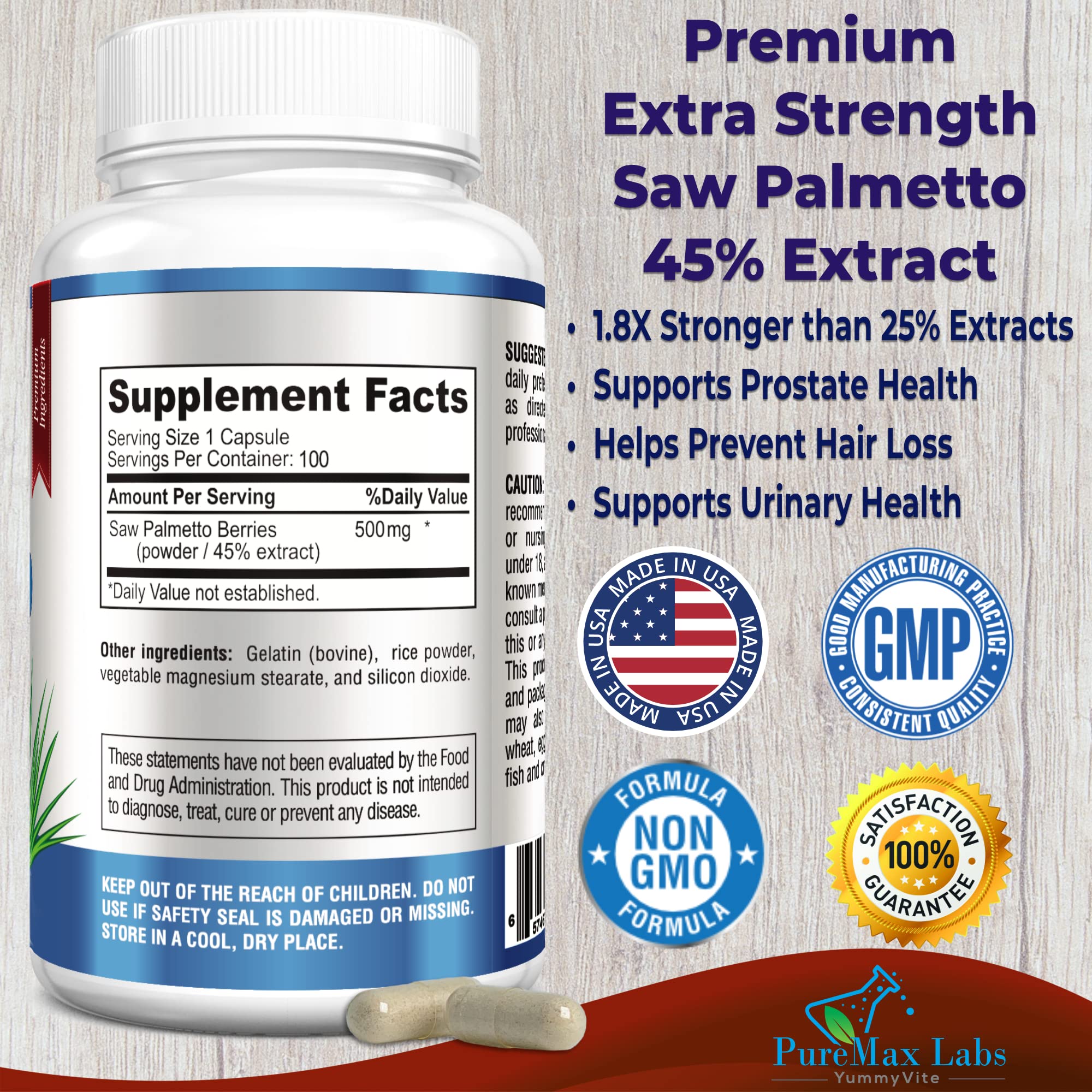 YUMMYVITE Saw Palmetto capsules bottle side view