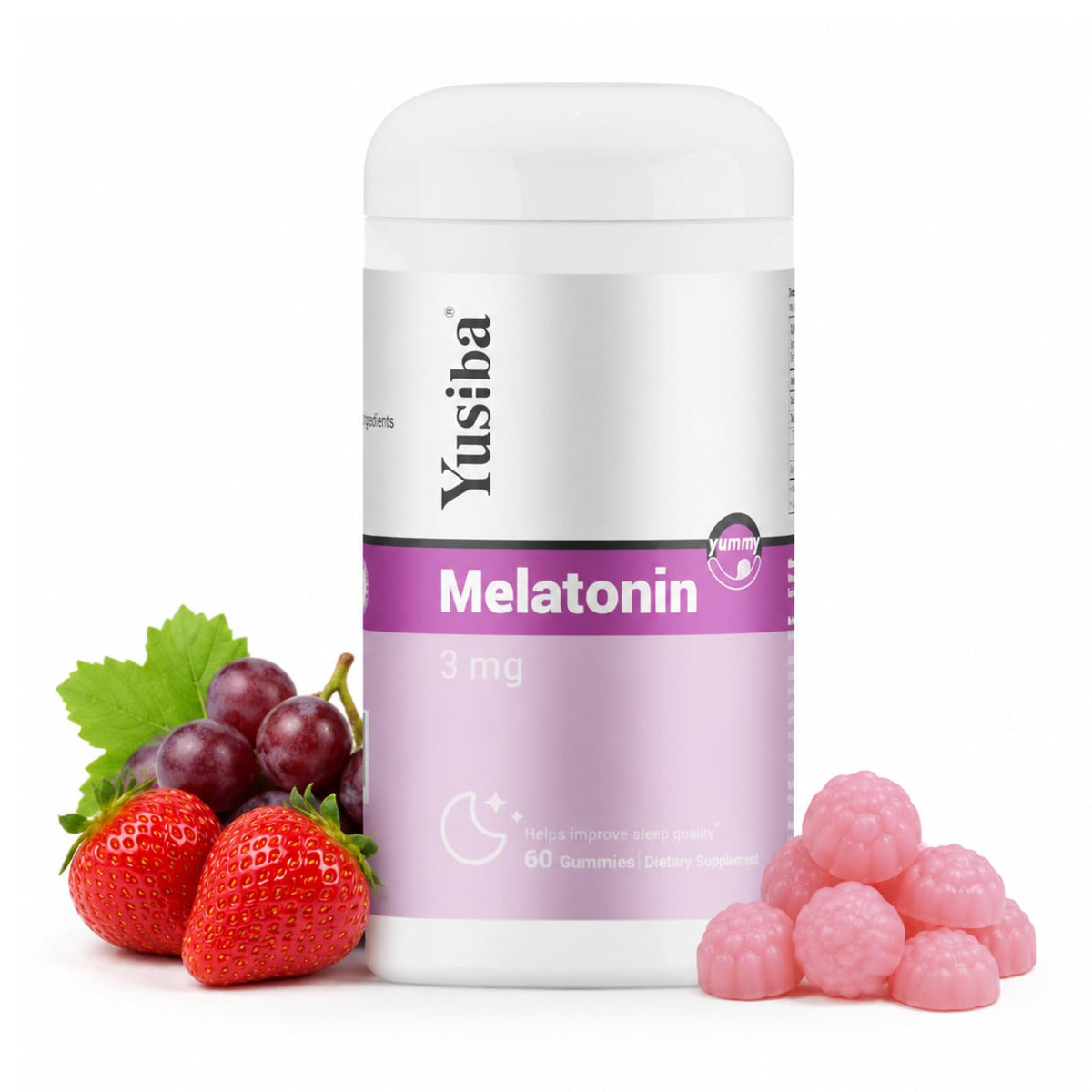 Yusiba Melatonin Gummies 3mg front view with packaging