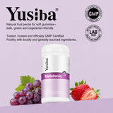 Yusiba Melatonin Gummies displayed with a measuring spoon