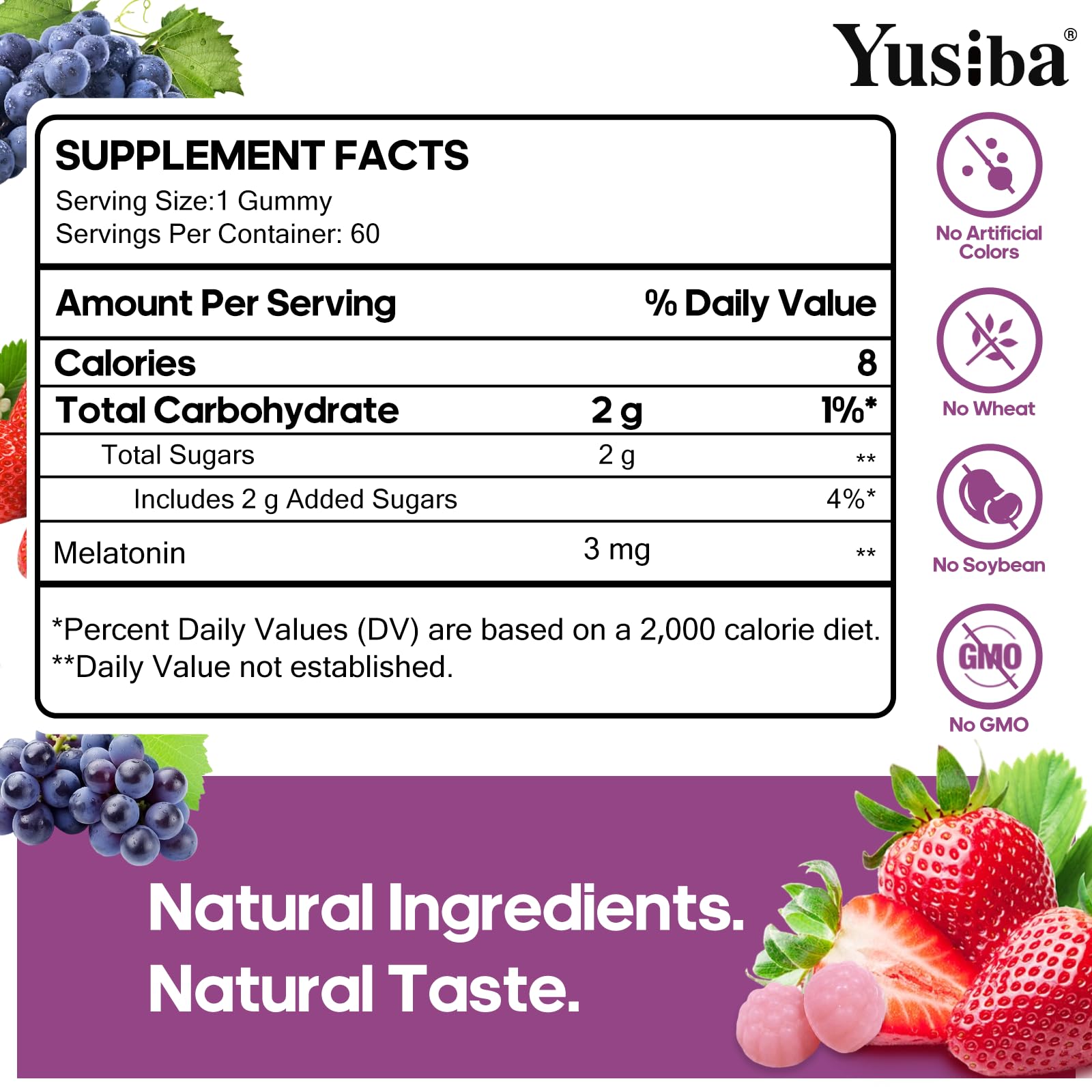 Yusiba Melatonin Gummies with fresh fruit background