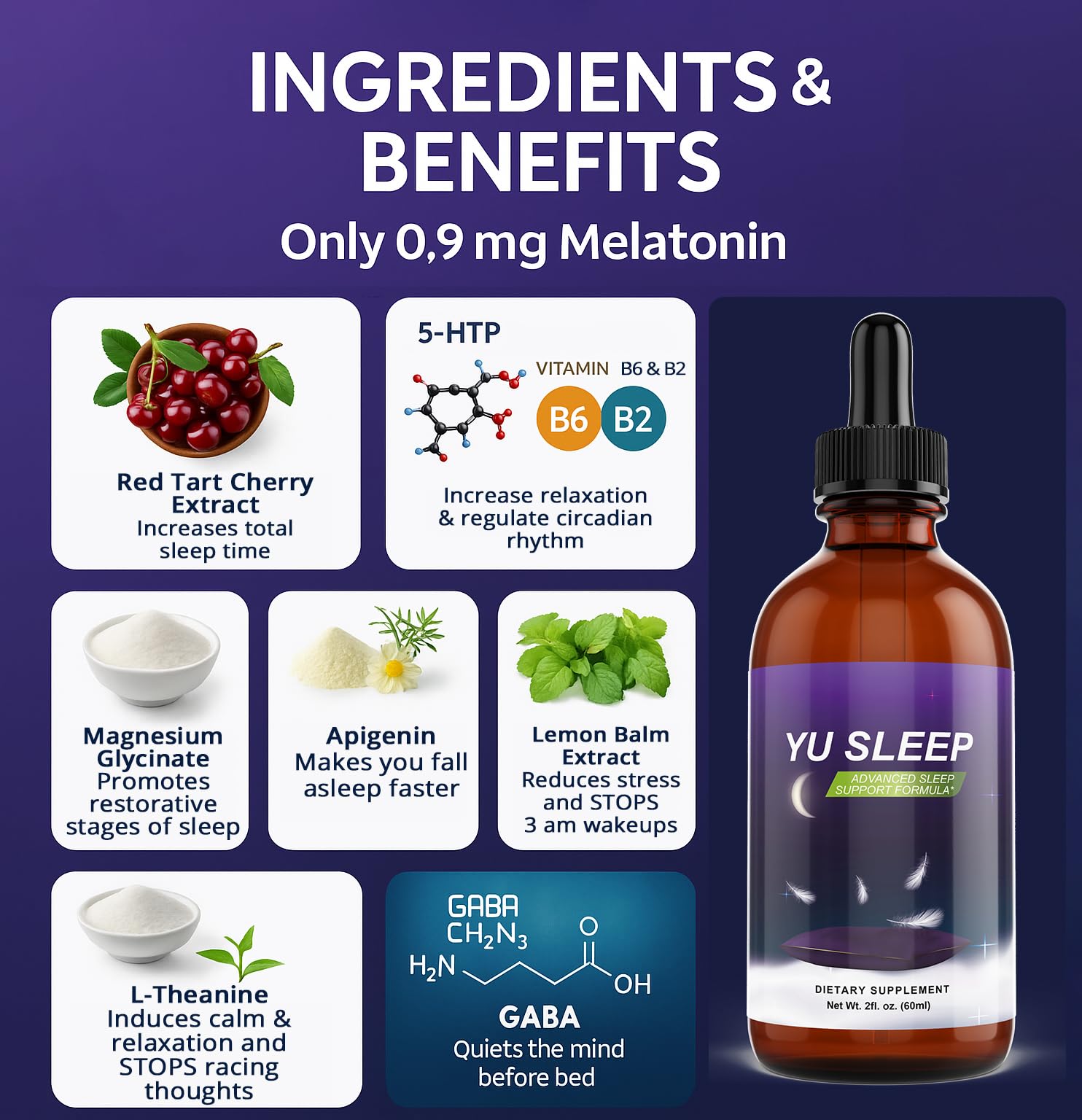 YuSleep Natural Sleep Drops 60ml on a bedside table