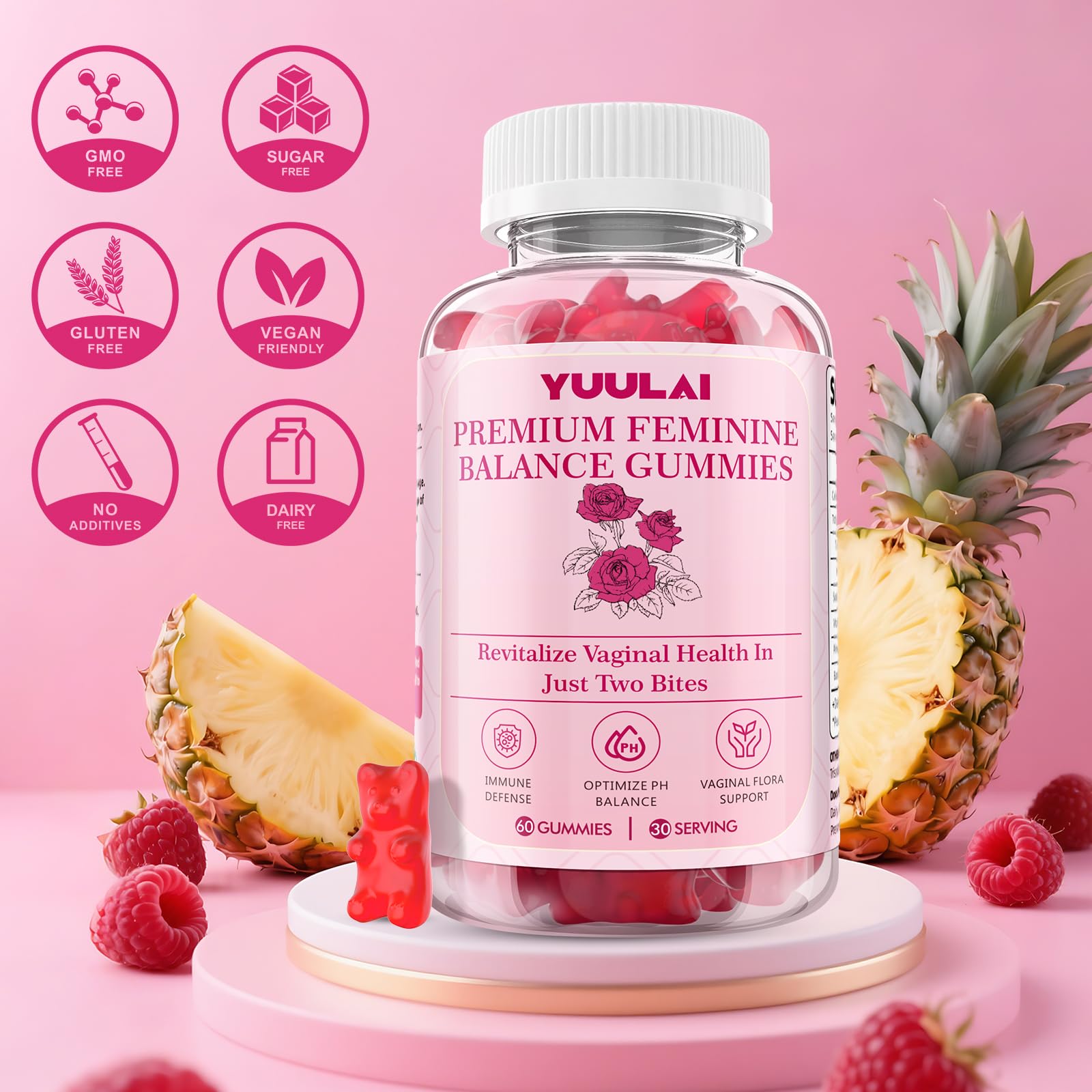 YUULAI Feminine Balance Gummies with fresh pineapple slices