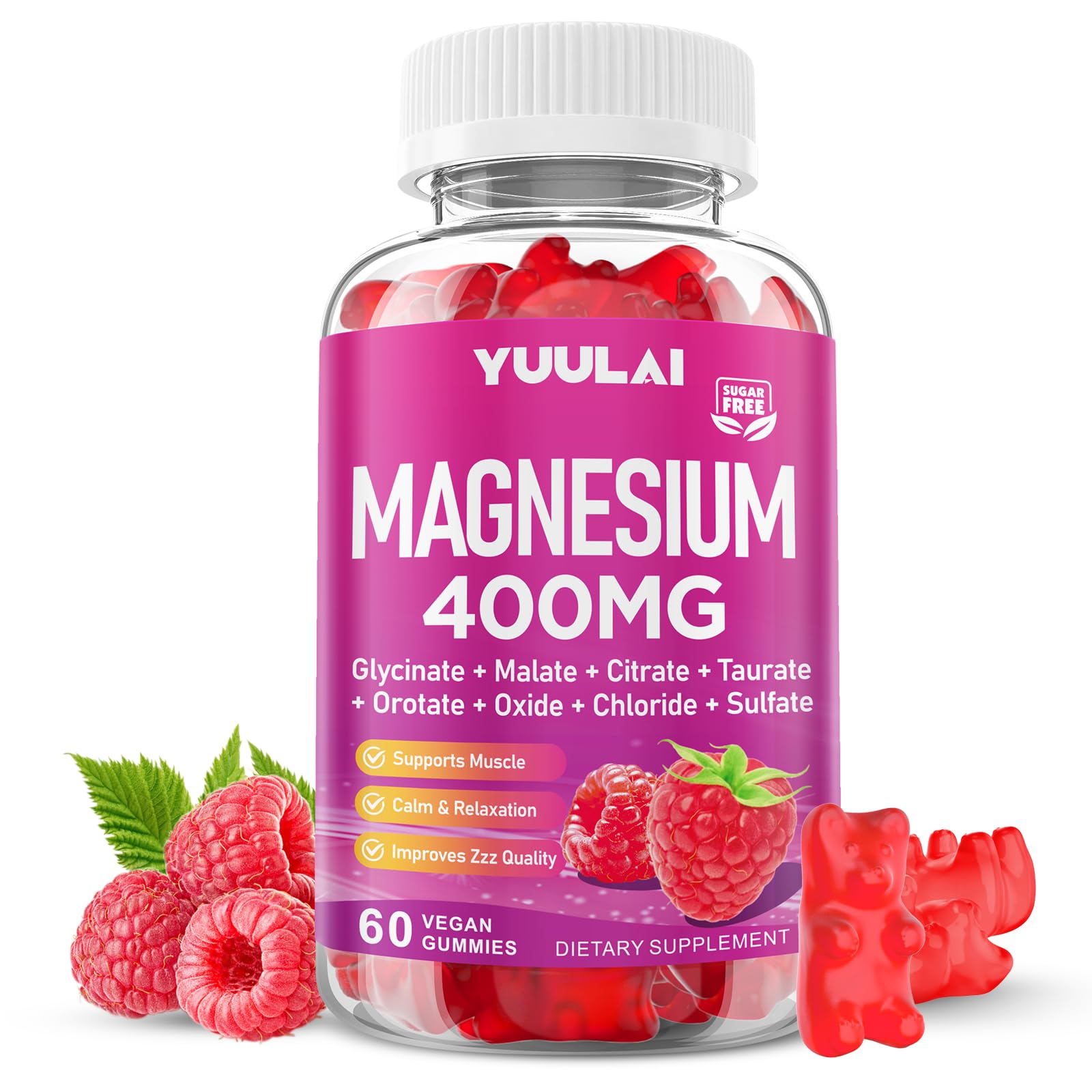 YUULAI Magnesium Complex Gummies front view with raspberry flavour