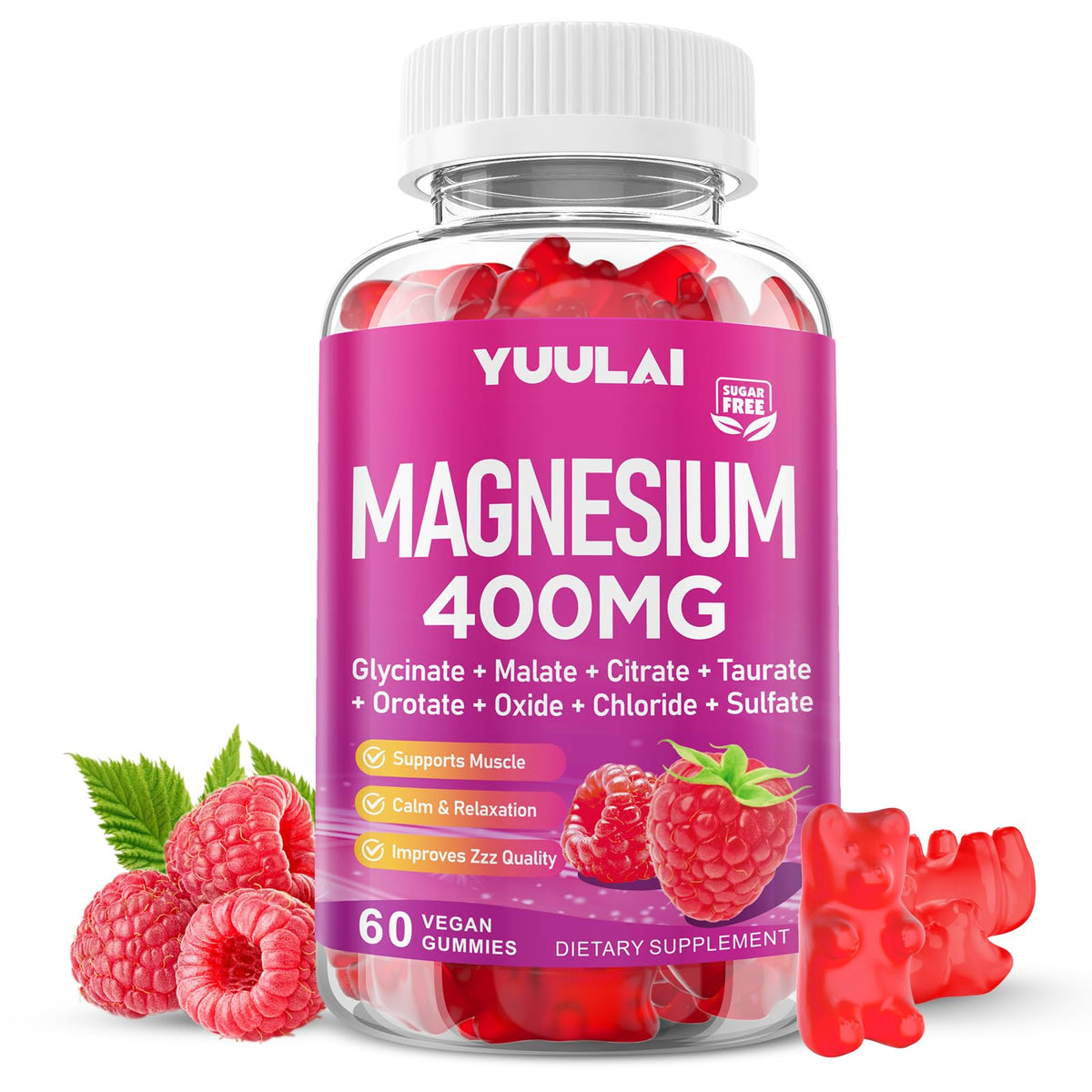 YUULAI Magnesium Complex Gummies front view with raspberry flavour