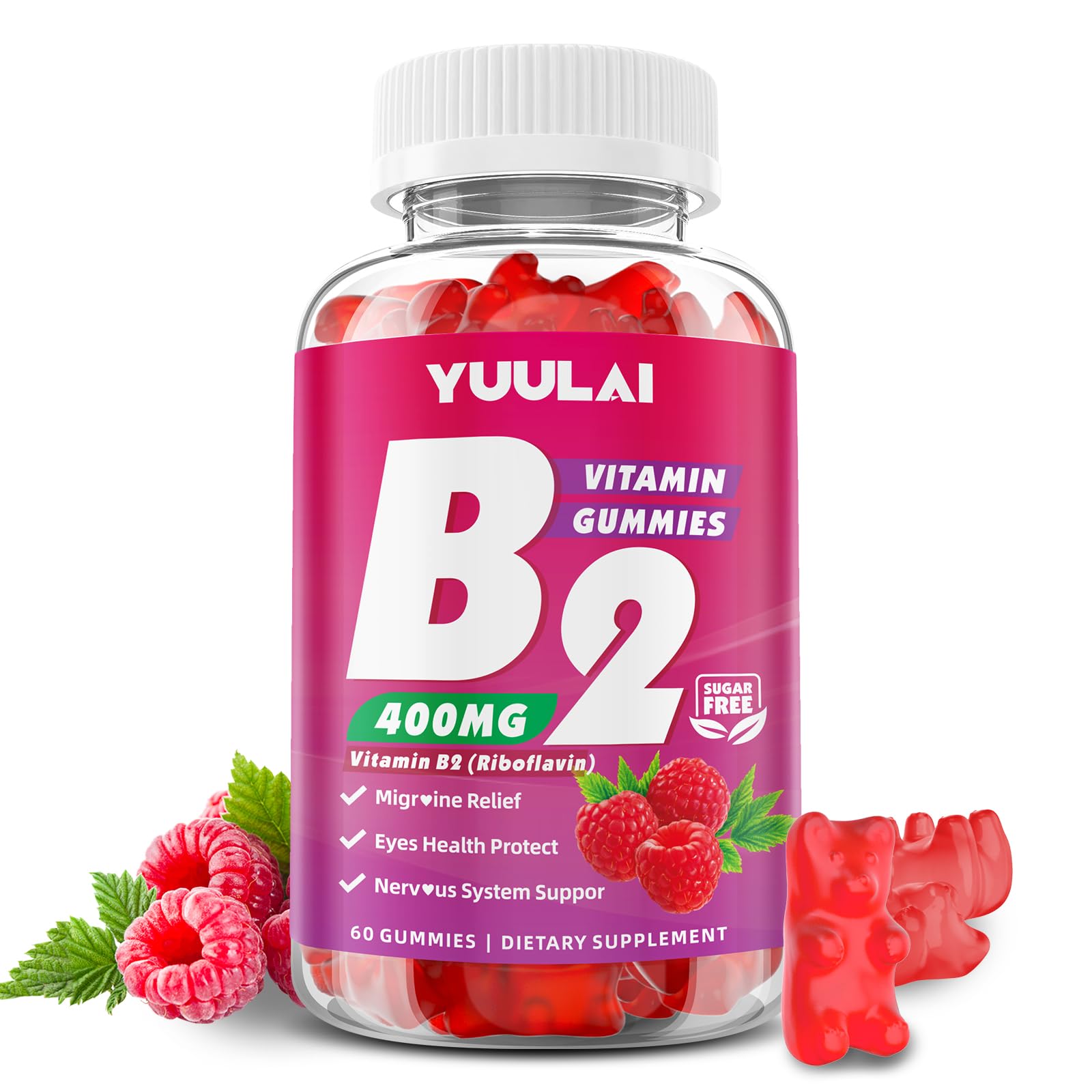 YUULAI Vitamin B2 Gummies 400mg raspberry flavour front view