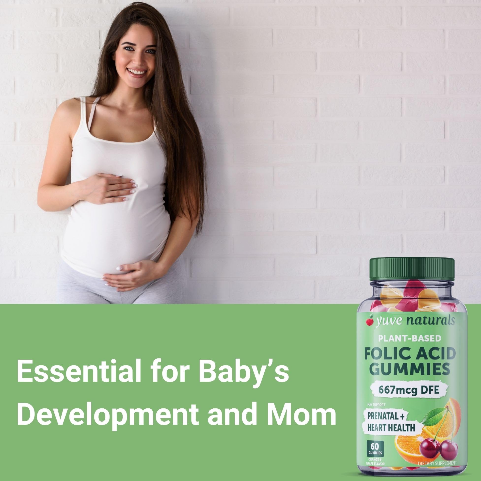 Yuve Folic Acid Supplement 160g lifestyle scene with fruits