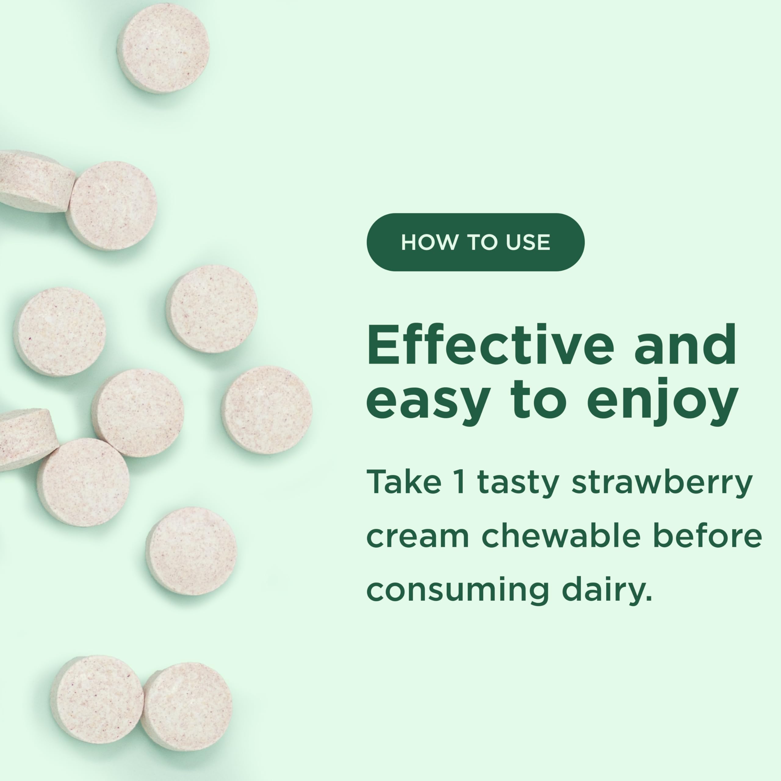 Yuve Lactase Enzyme Tablets 9,000FCC Strawberry Cream chewable tablet close-up