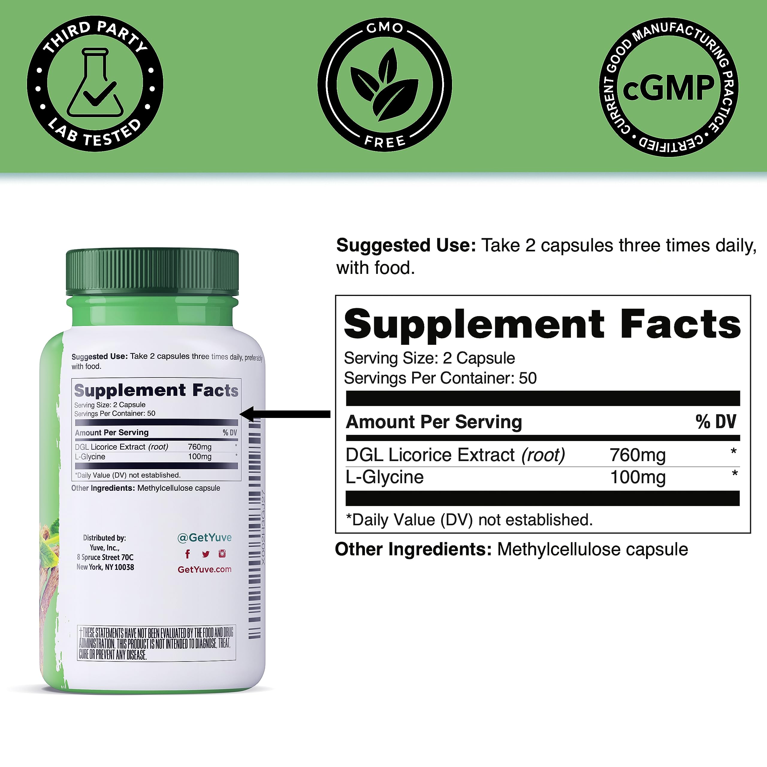 Yuve Licorice Root Supplement 760mg capsule on a wooden table