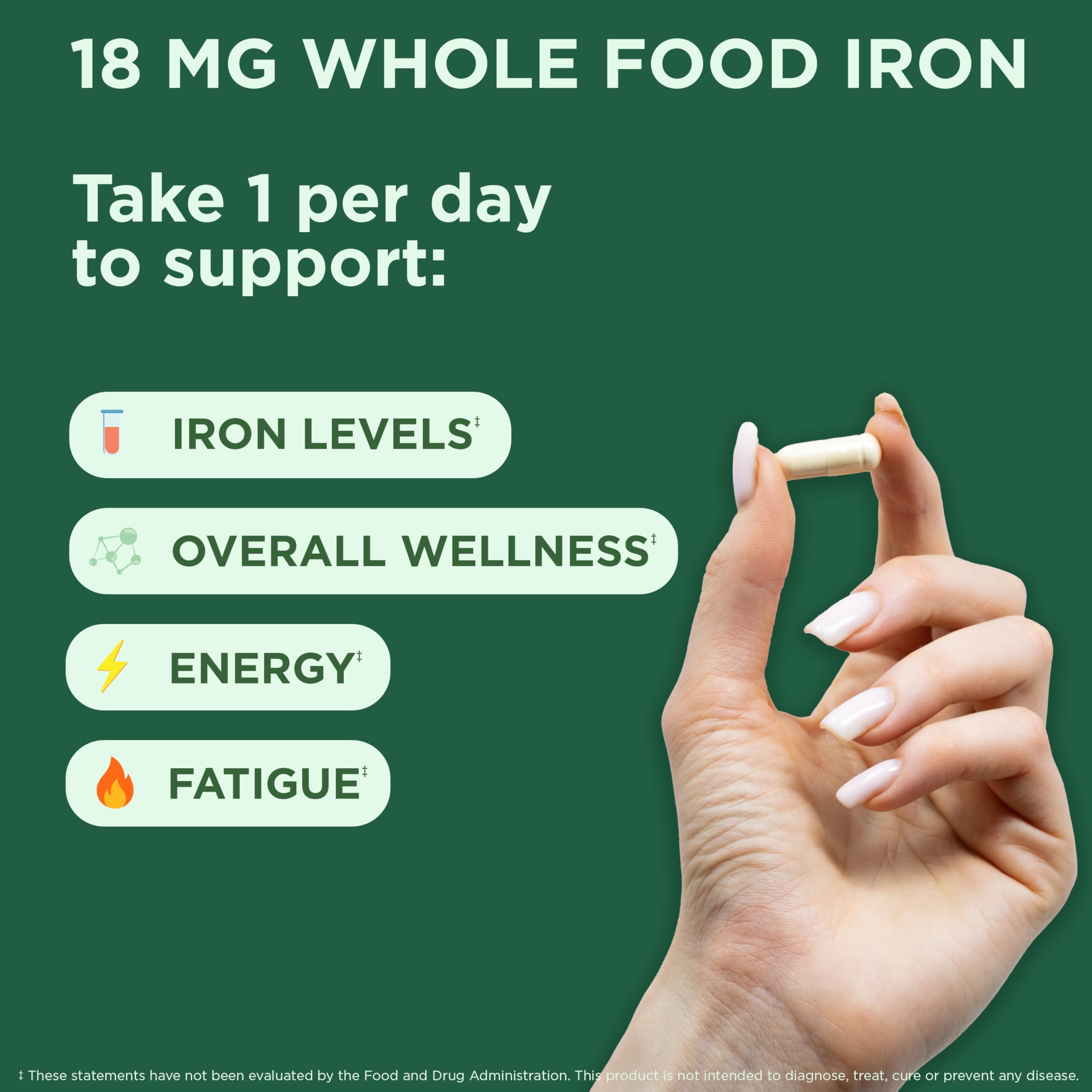 Yuve Plant-Based Iron Supplement 18mg capsule close-up