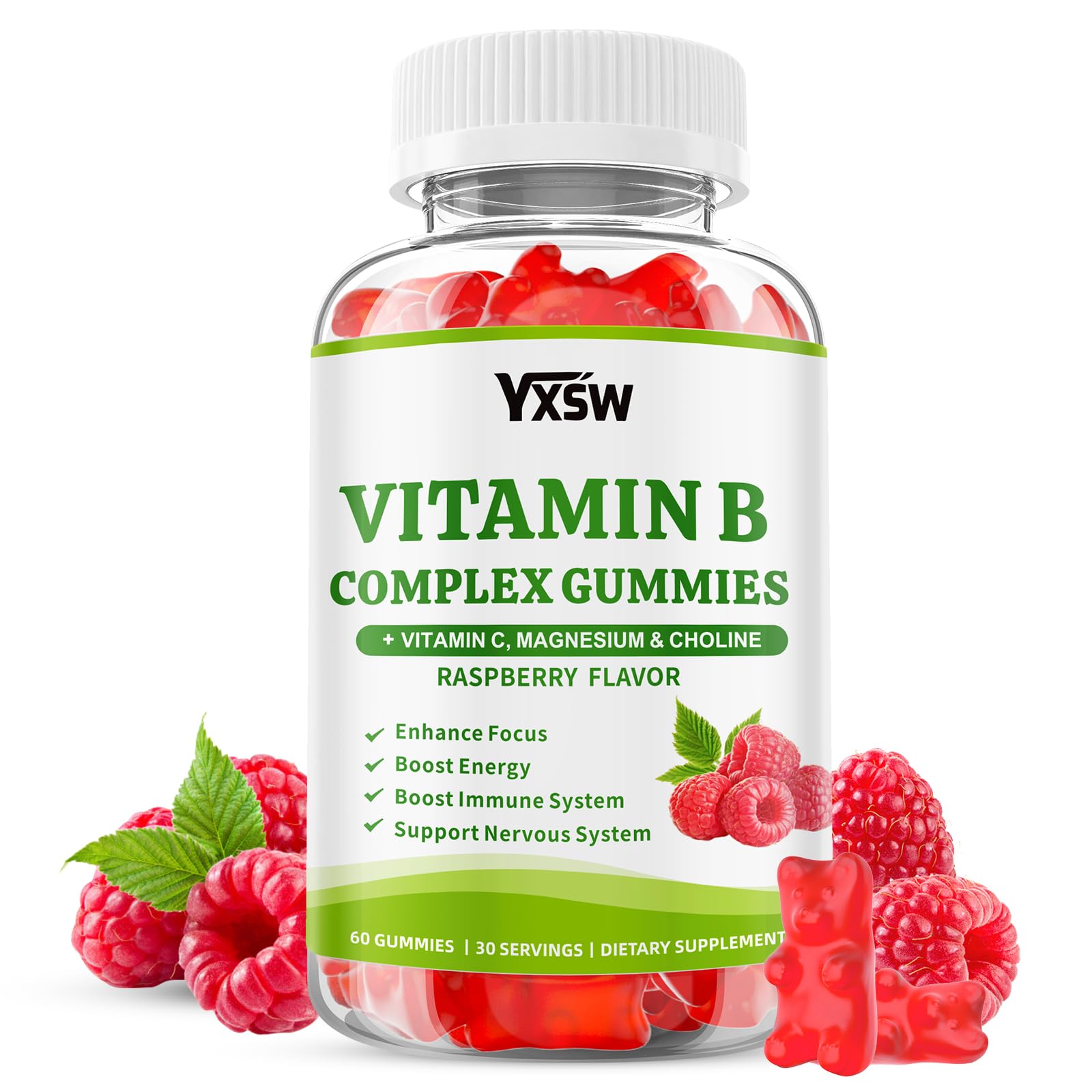 YXSW B Complex Gummies front view with raspberry flavour