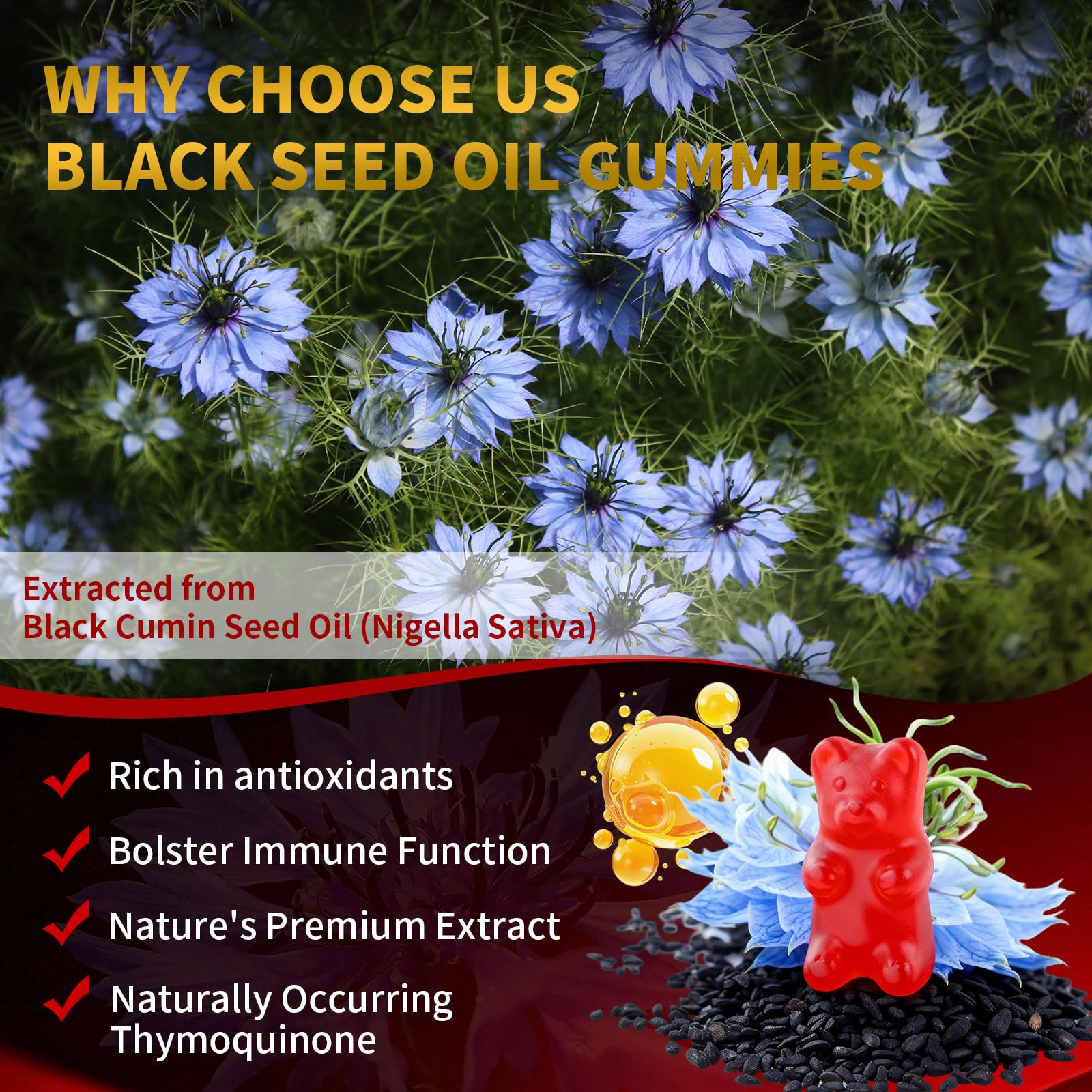 YXSW Black Seed Oil Gummies back view with ingredient list