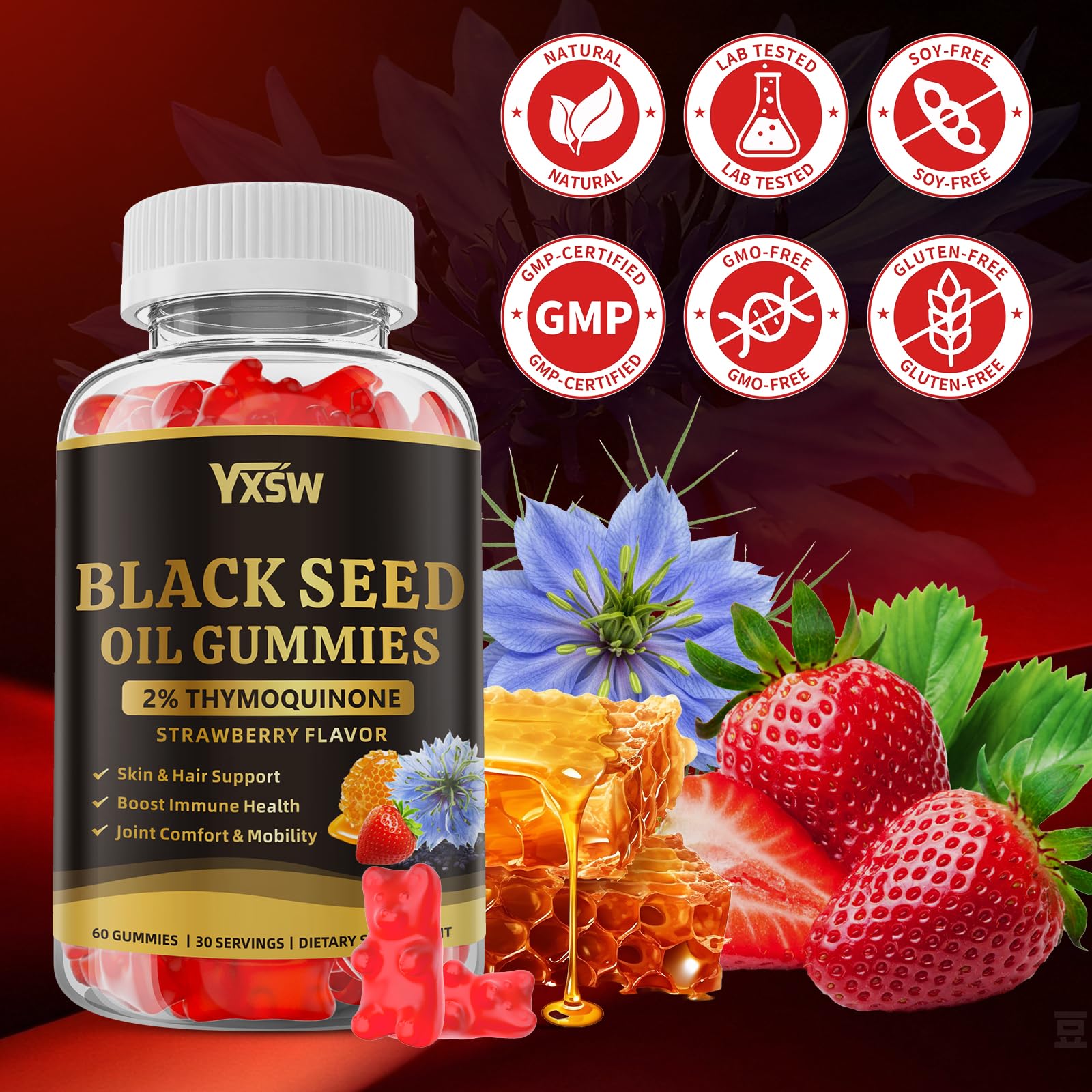 YXSW Black Seed Oil Gummies displayed with fresh strawberries