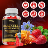 YXSW Black Seed Oil Gummies displayed with fresh strawberries