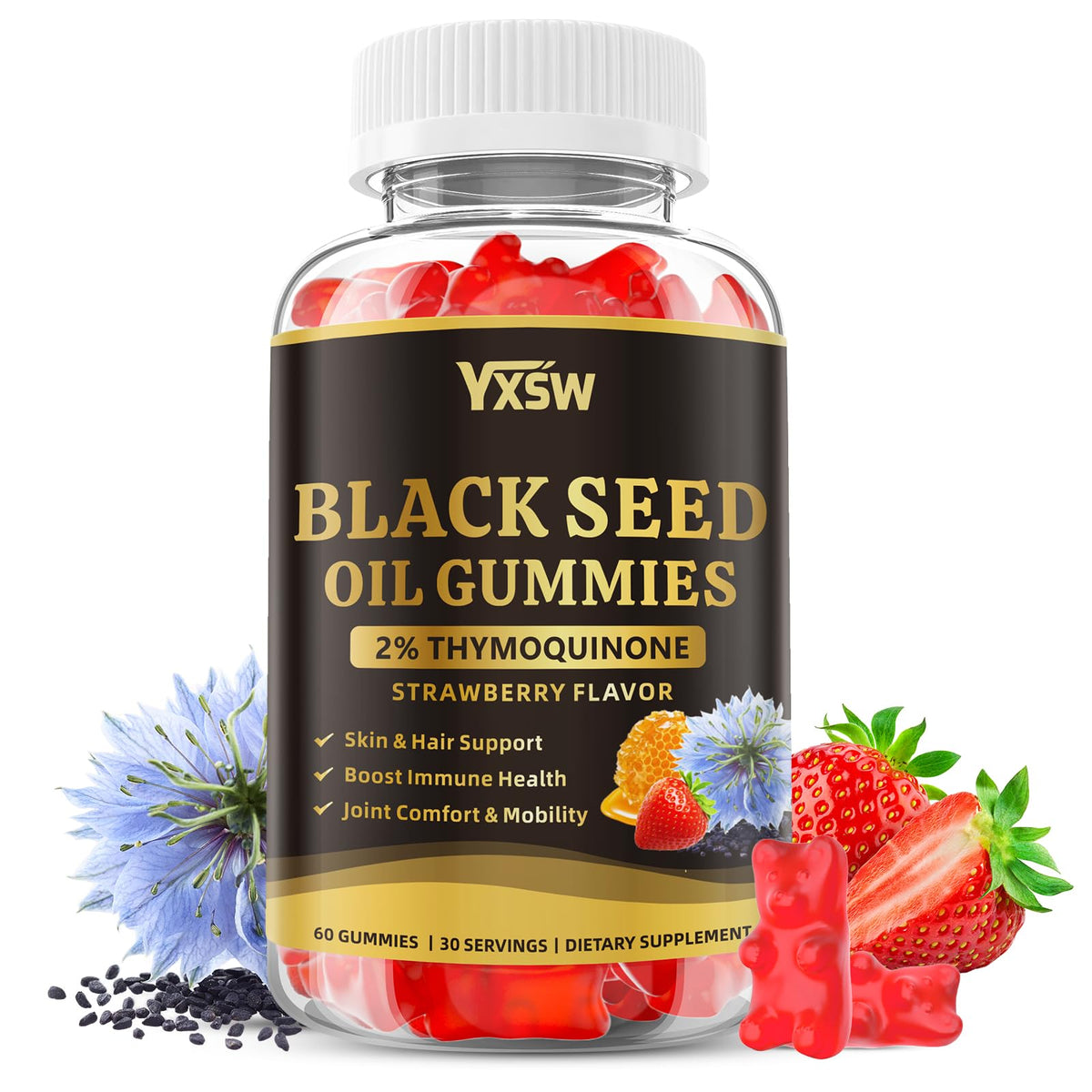 YXSW Black Seed Oil Gummies front view with packaging