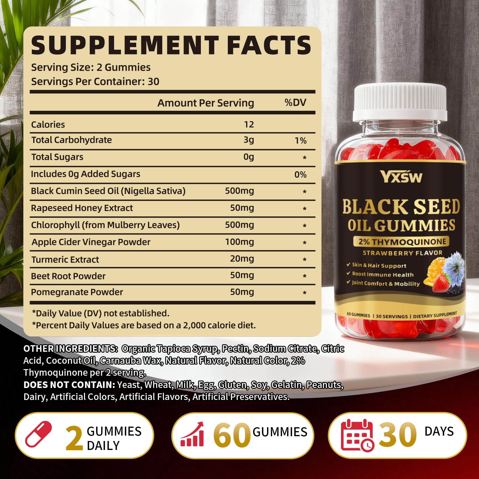 YXSW Black Seed Oil Gummies natural strawberry flavour close-up