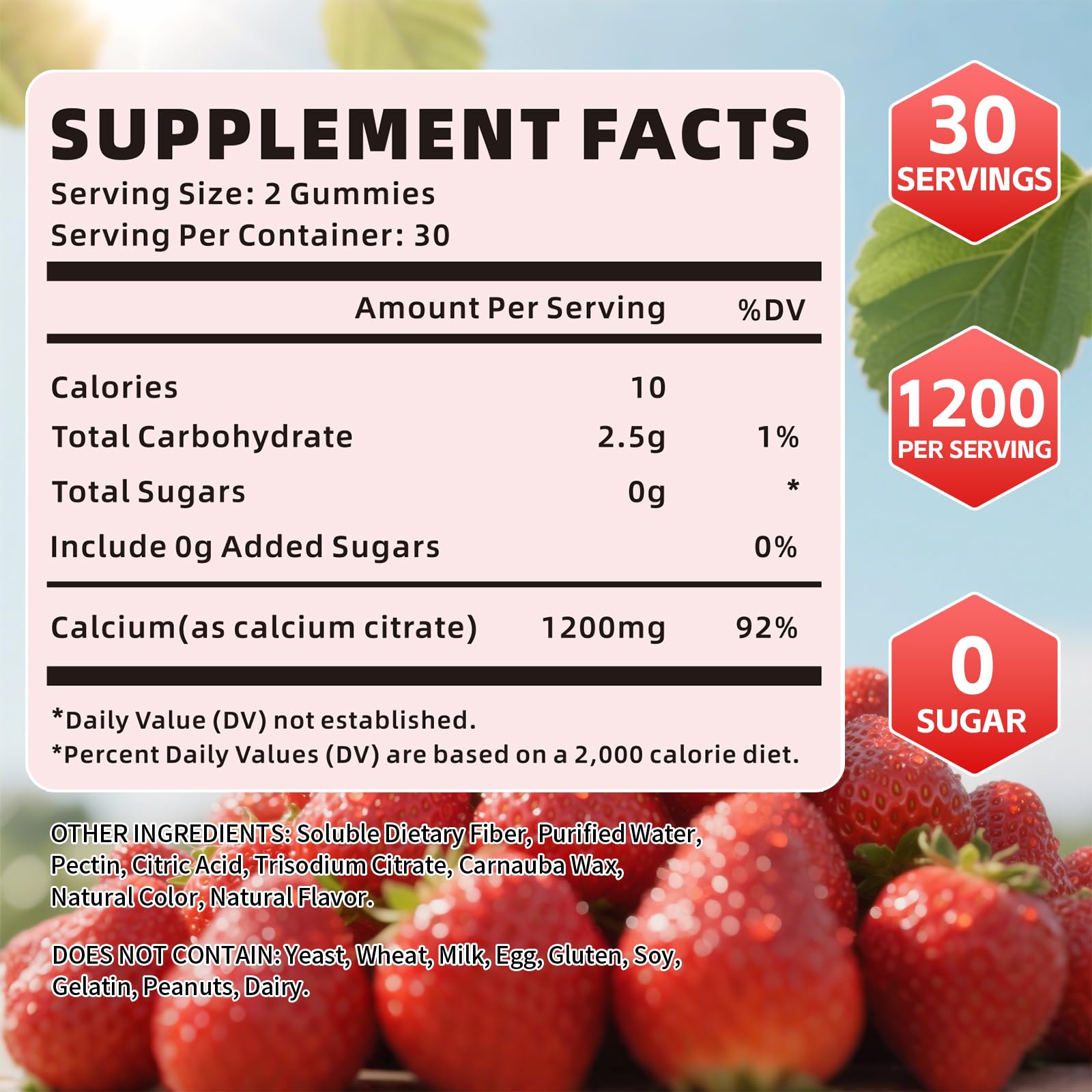 YXSW Calcium Citrate Gummies 1200mg back view showing nutritional information