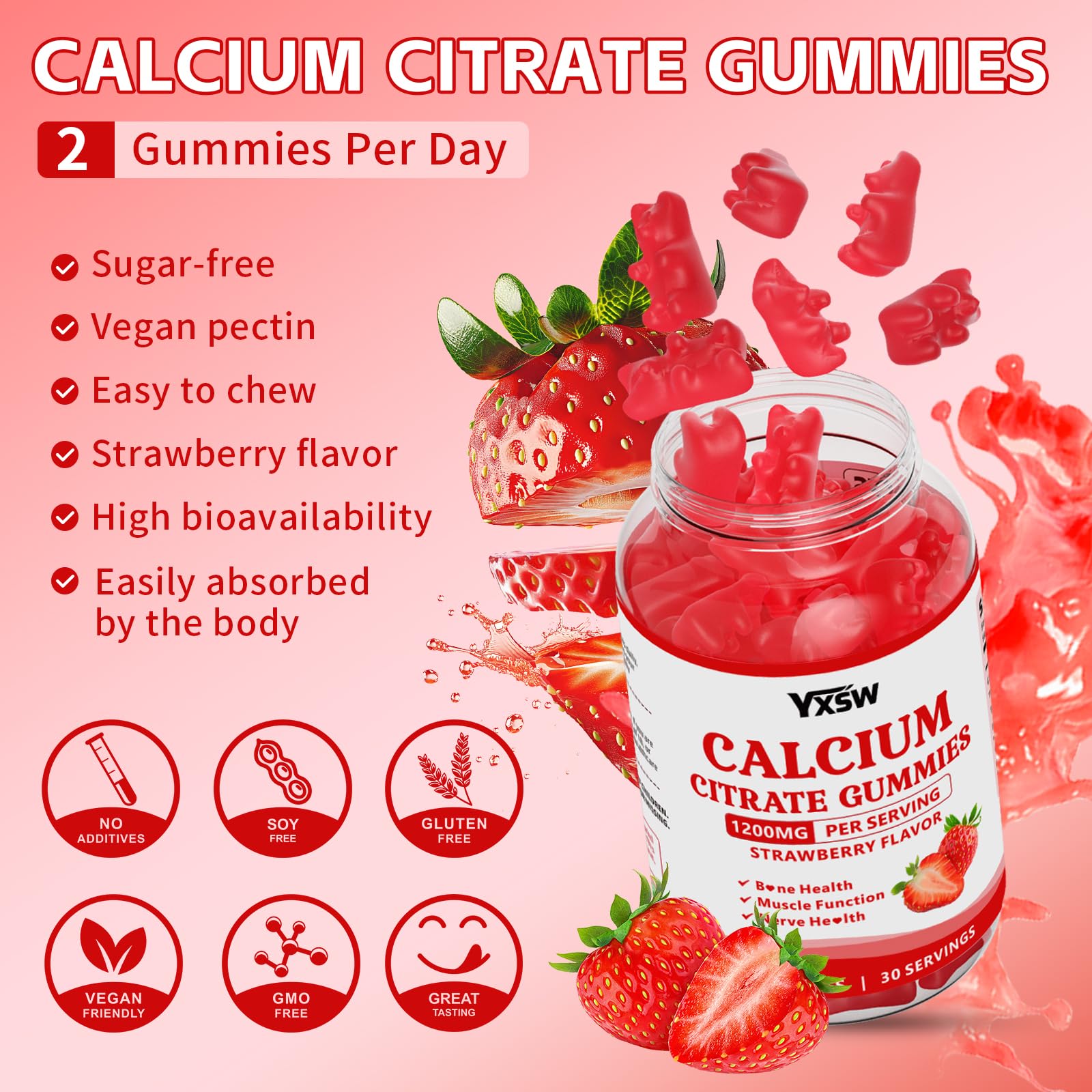 YXSW Calcium Citrate Gummies 1200mg packaging with a measuring spoon