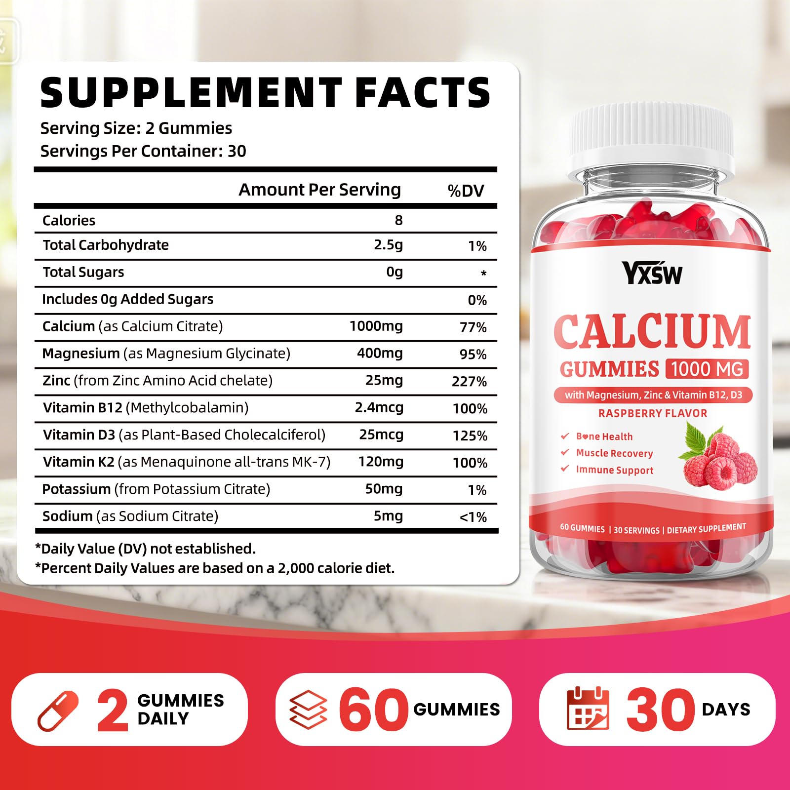 YXSW Calcium Magnesium Zinc Gummies side view, packaging details