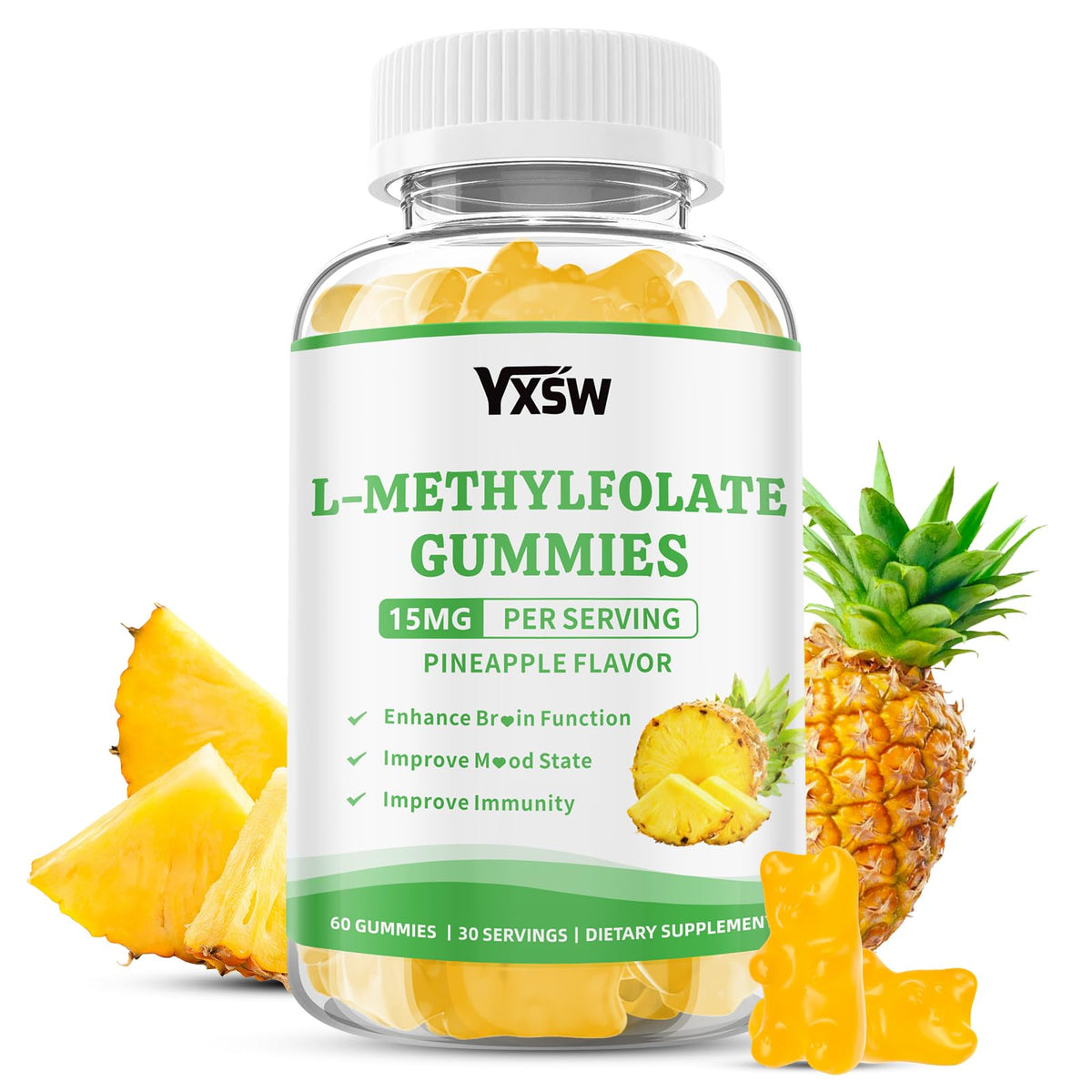 YXSW L-Methylfolate Gummies front view with pineapple flavour