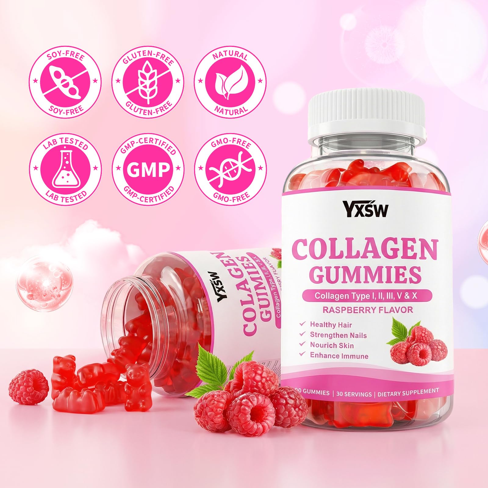 YXSW Multi-Collagen Gummies bottle on a wooden table