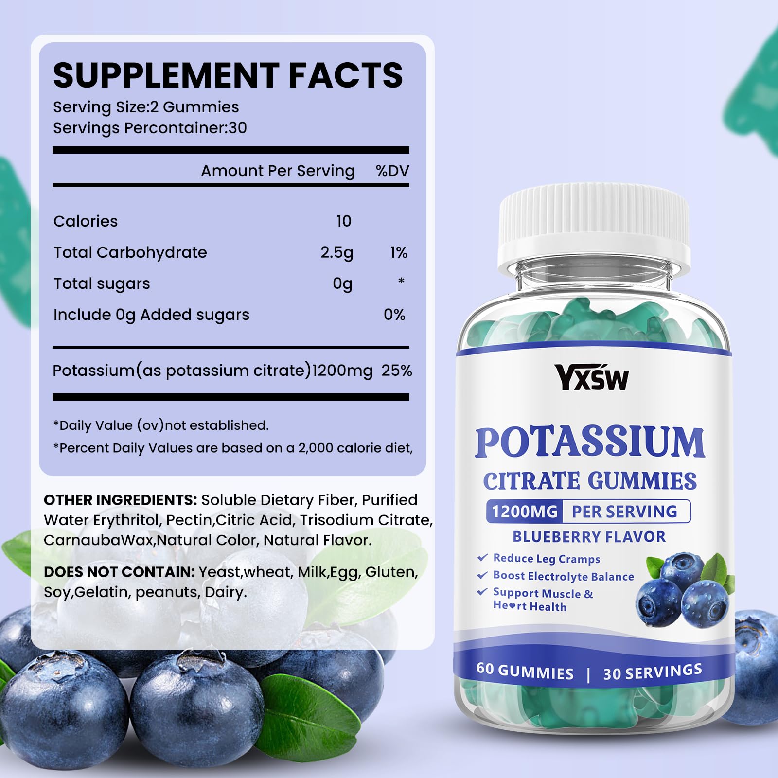 YXSW Potassium Citrate Gummies 1200mg back view showing ingredients