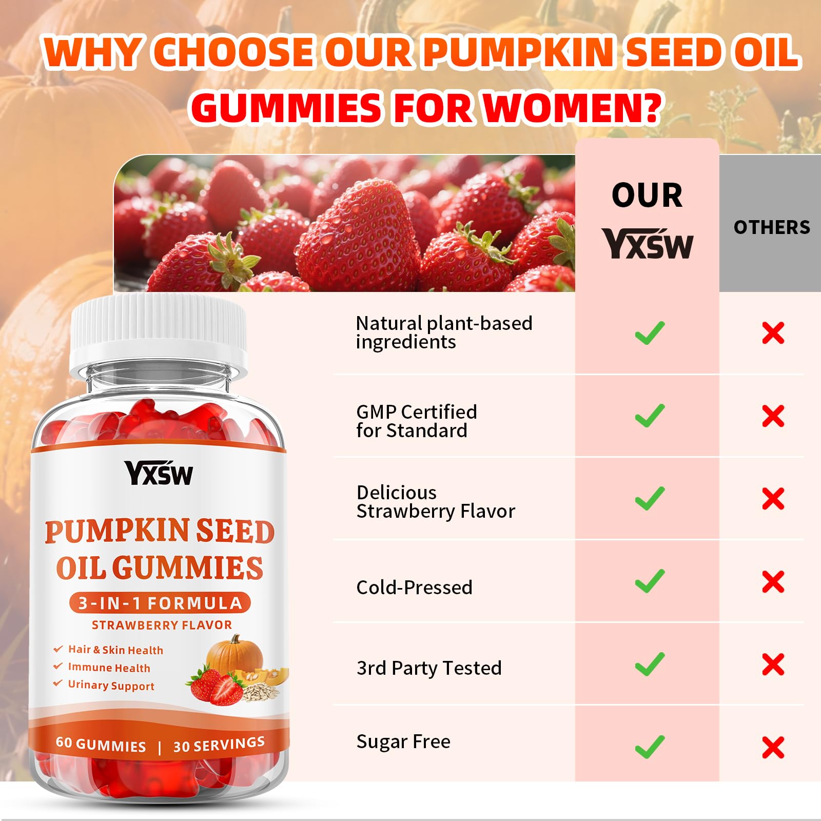 YXSW Pumpkin Seed Oil Gummies back view with ingredient list