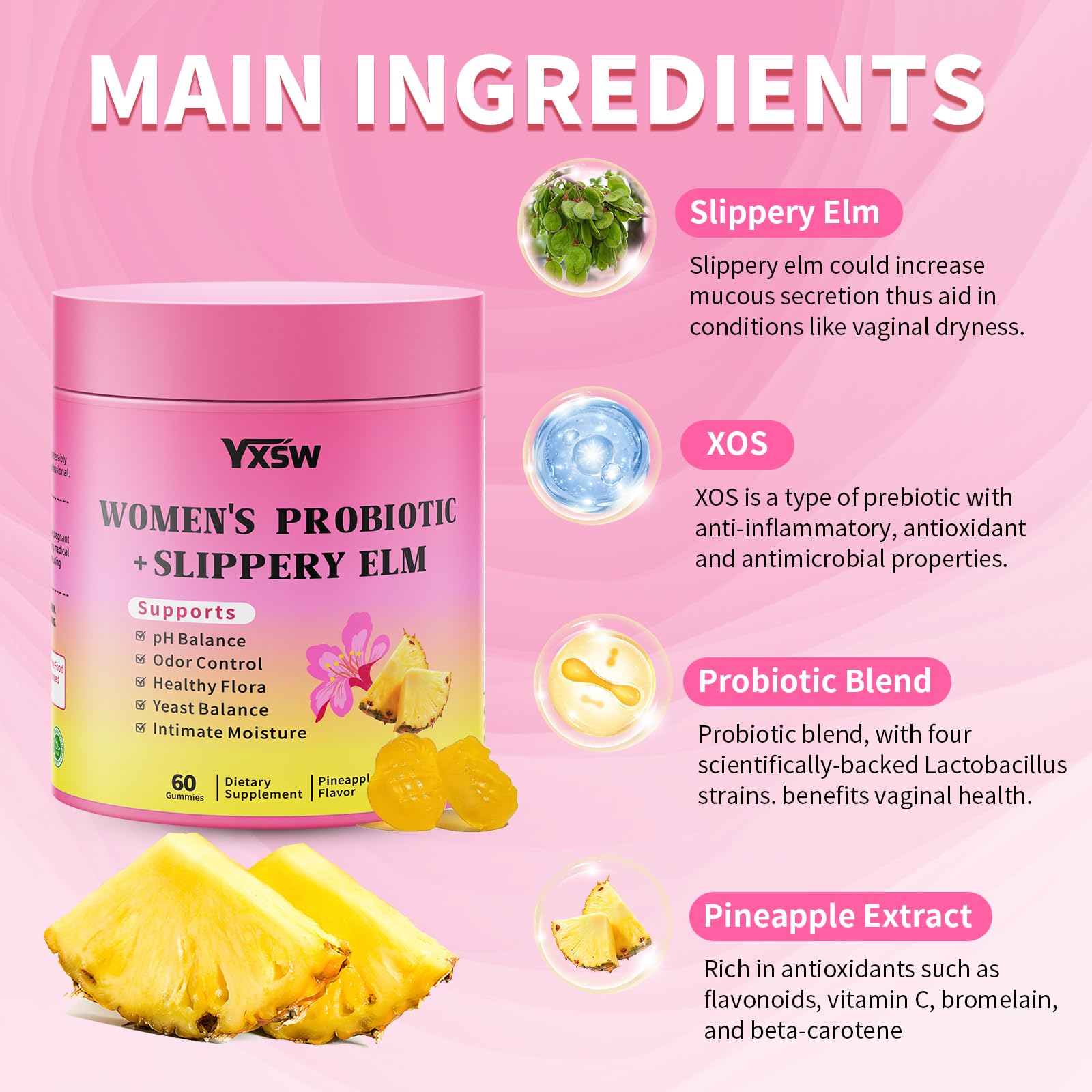 YXSW Women's Probiotics Gummies with Slippery Elm ingredients list