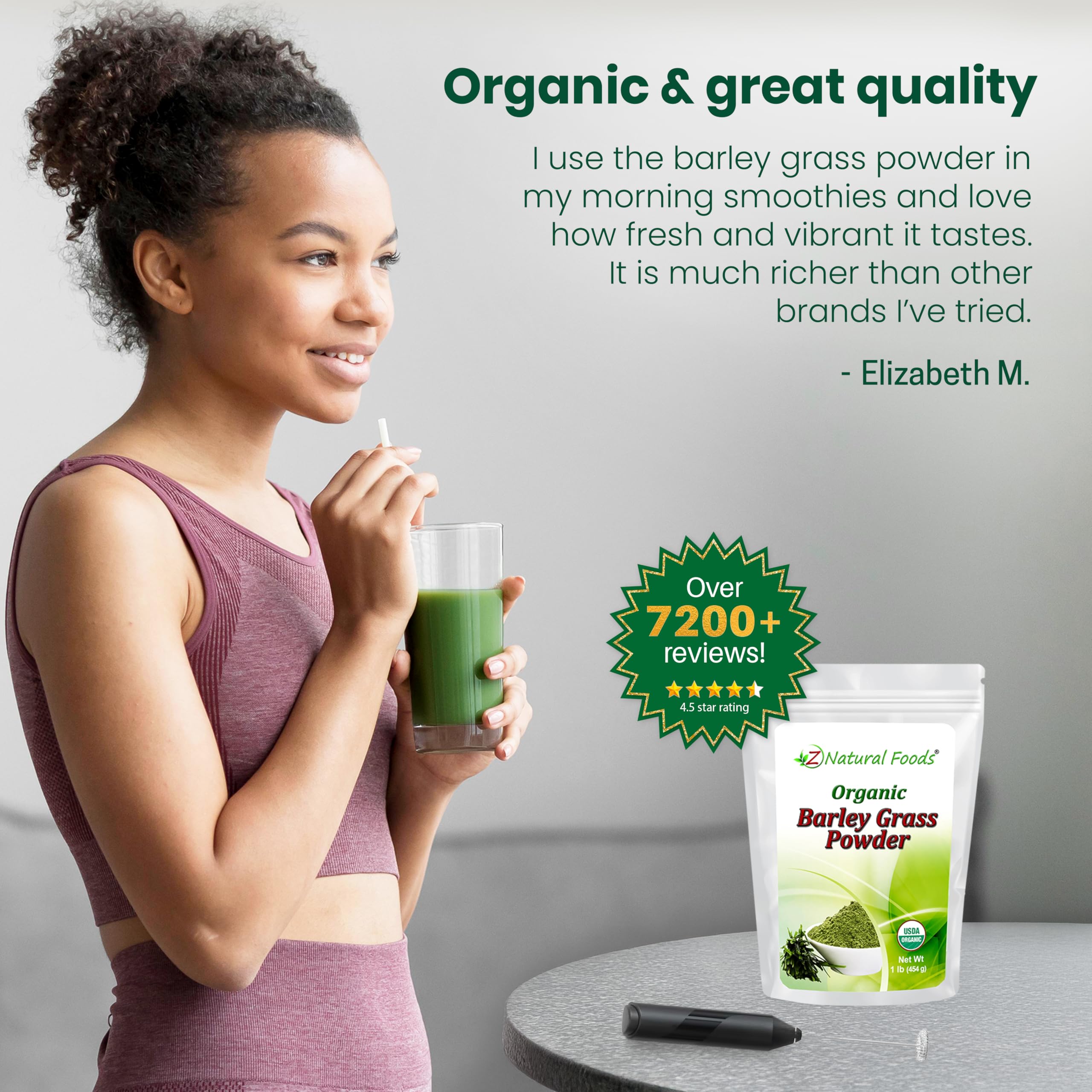 Z Natural Foods Organic Barley Grass Powder 454g on a kitchen counter