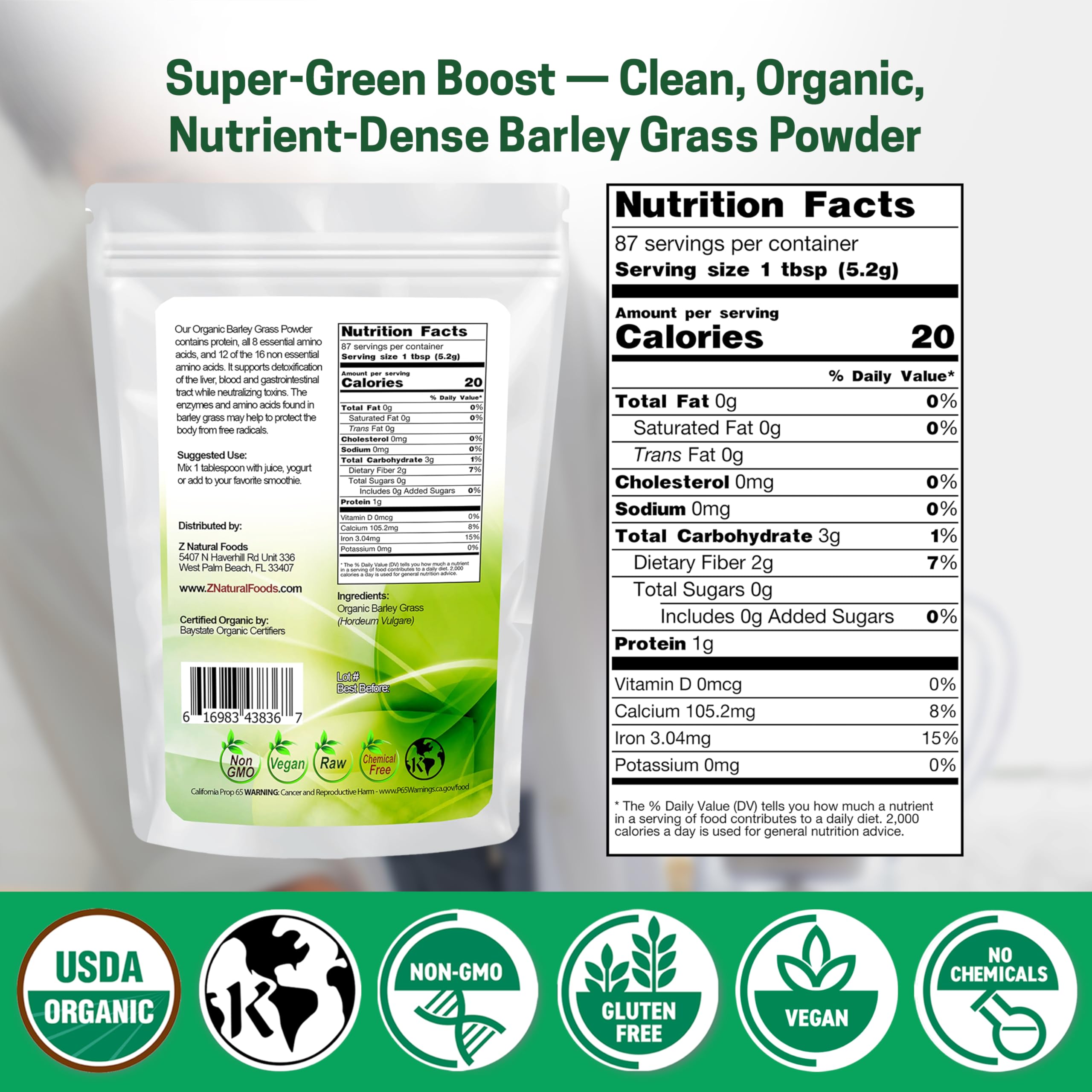 Z Natural Foods Organic Barley Grass Powder 454g packaging