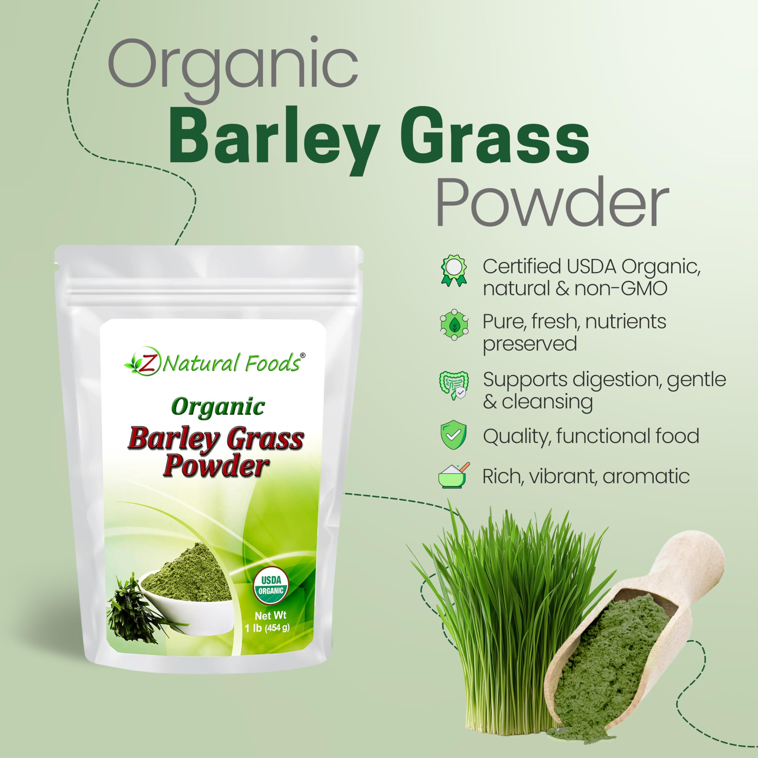 Z Natural Foods Organic Barley Grass Powder 454g scoop with powder
