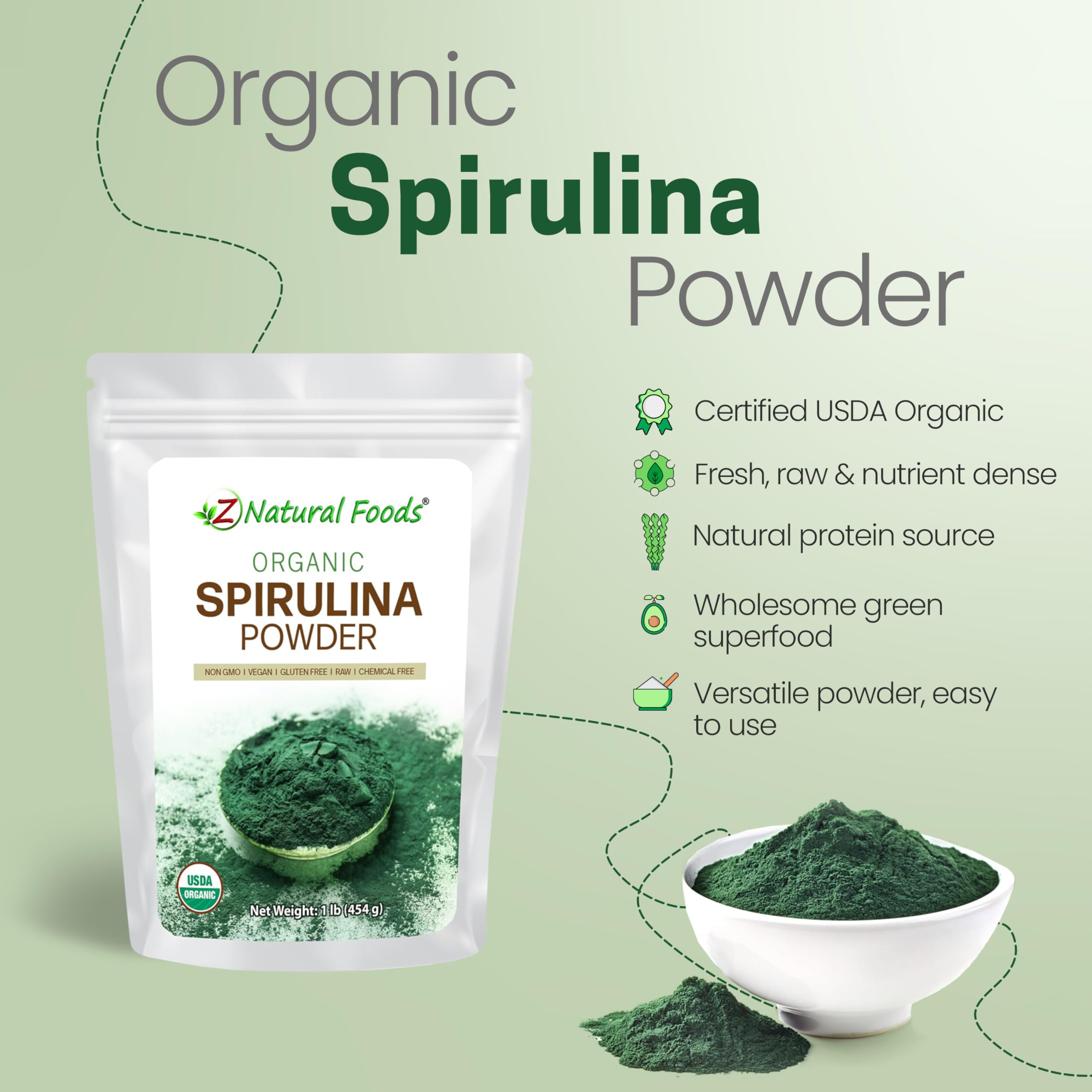 Z Natural Foods Organic Spirulina Powder 454g fine powder texture