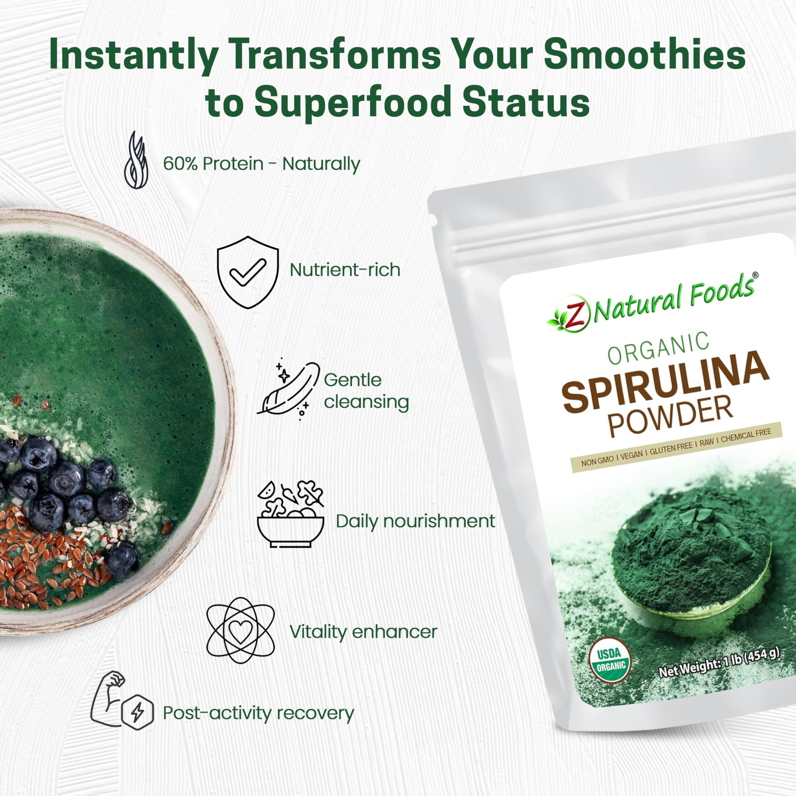 Z Natural Foods Organic Spirulina Powder 454g serving suggestion in smoothie
