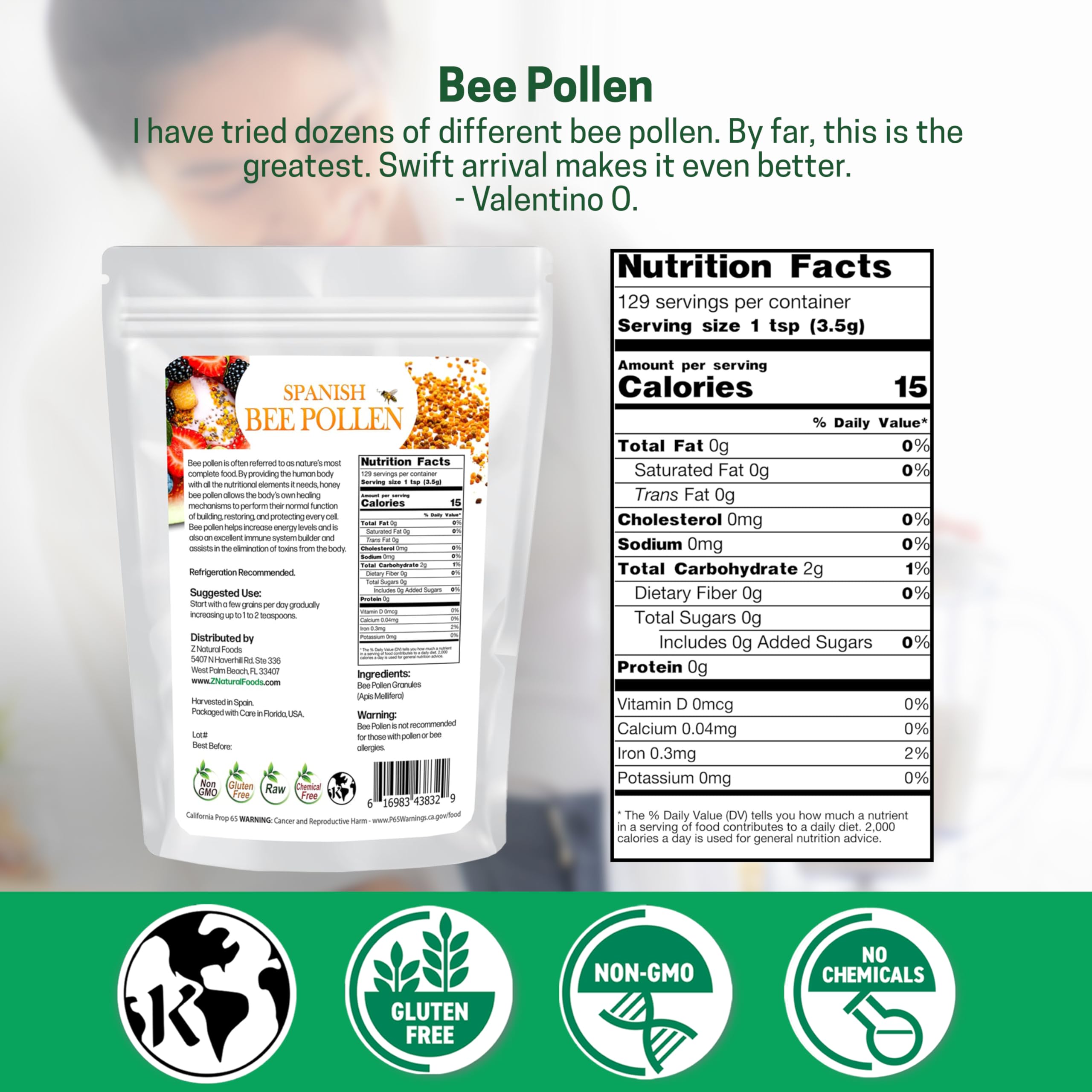 Z Natural Foods Raw Bee Pollen Granules 454g packaging