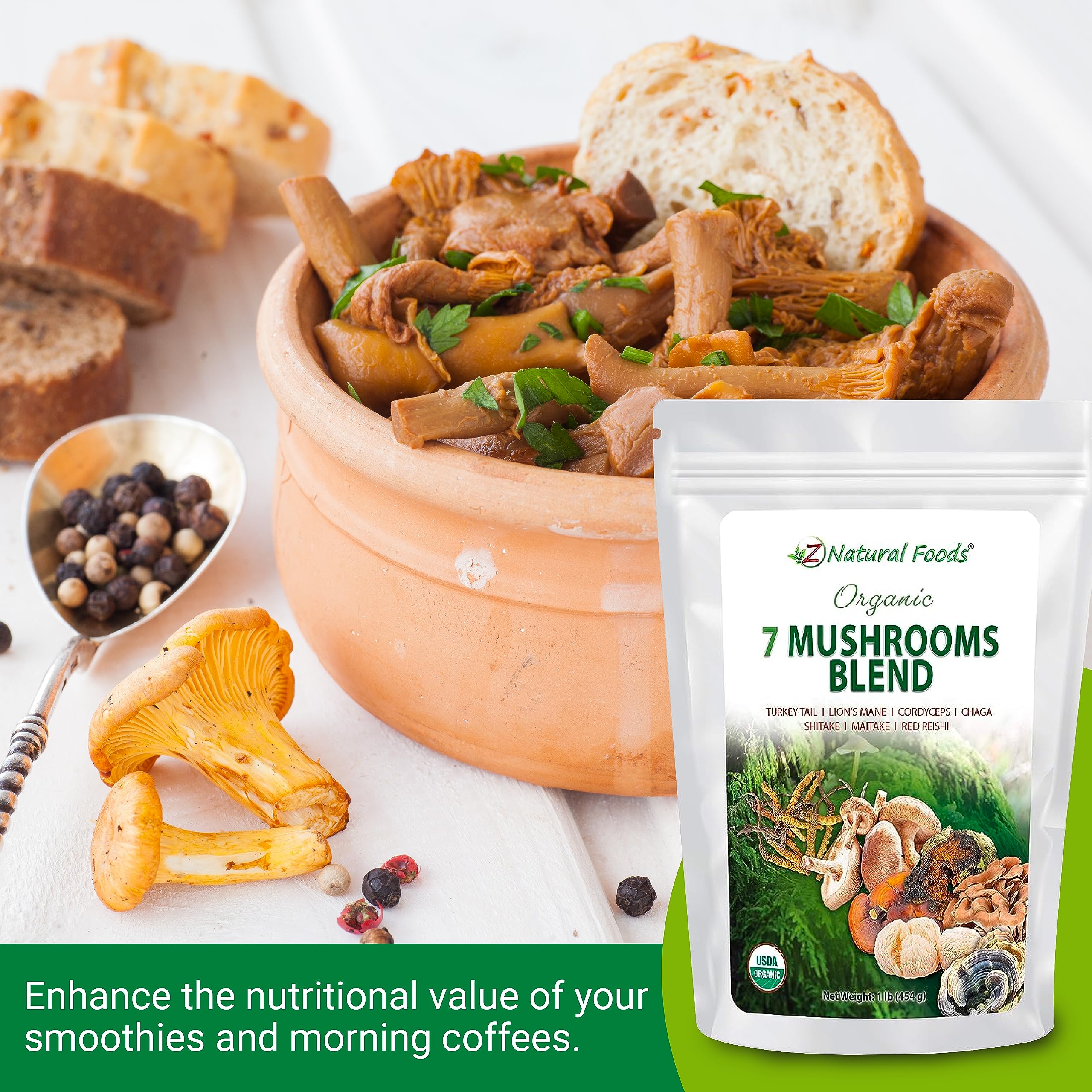 Z Natural Foods Sacred 7 Organic Mushroom Blend in a tea