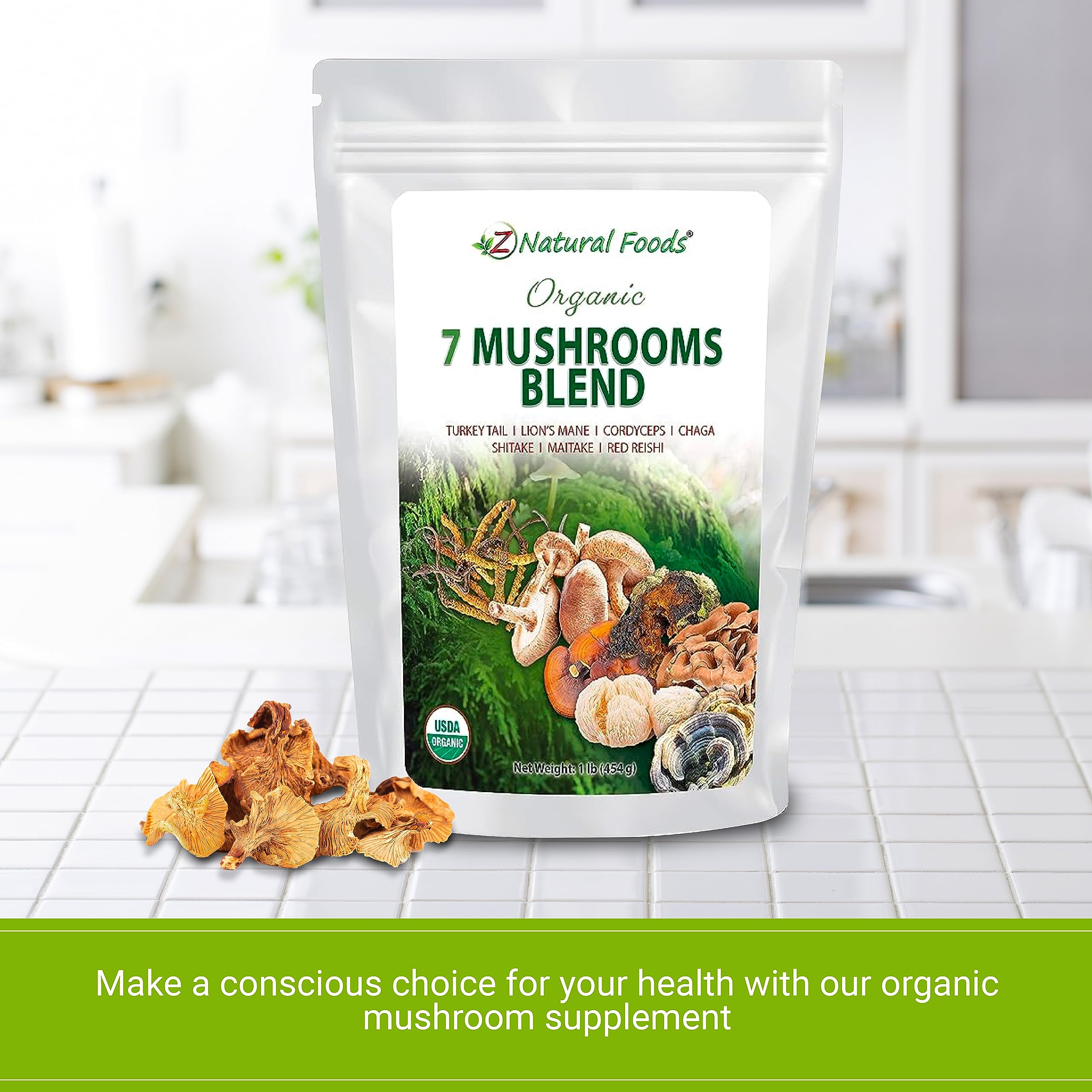 Z Natural Foods Sacred 7 Organic Mushroom Blend on a kitchen counter