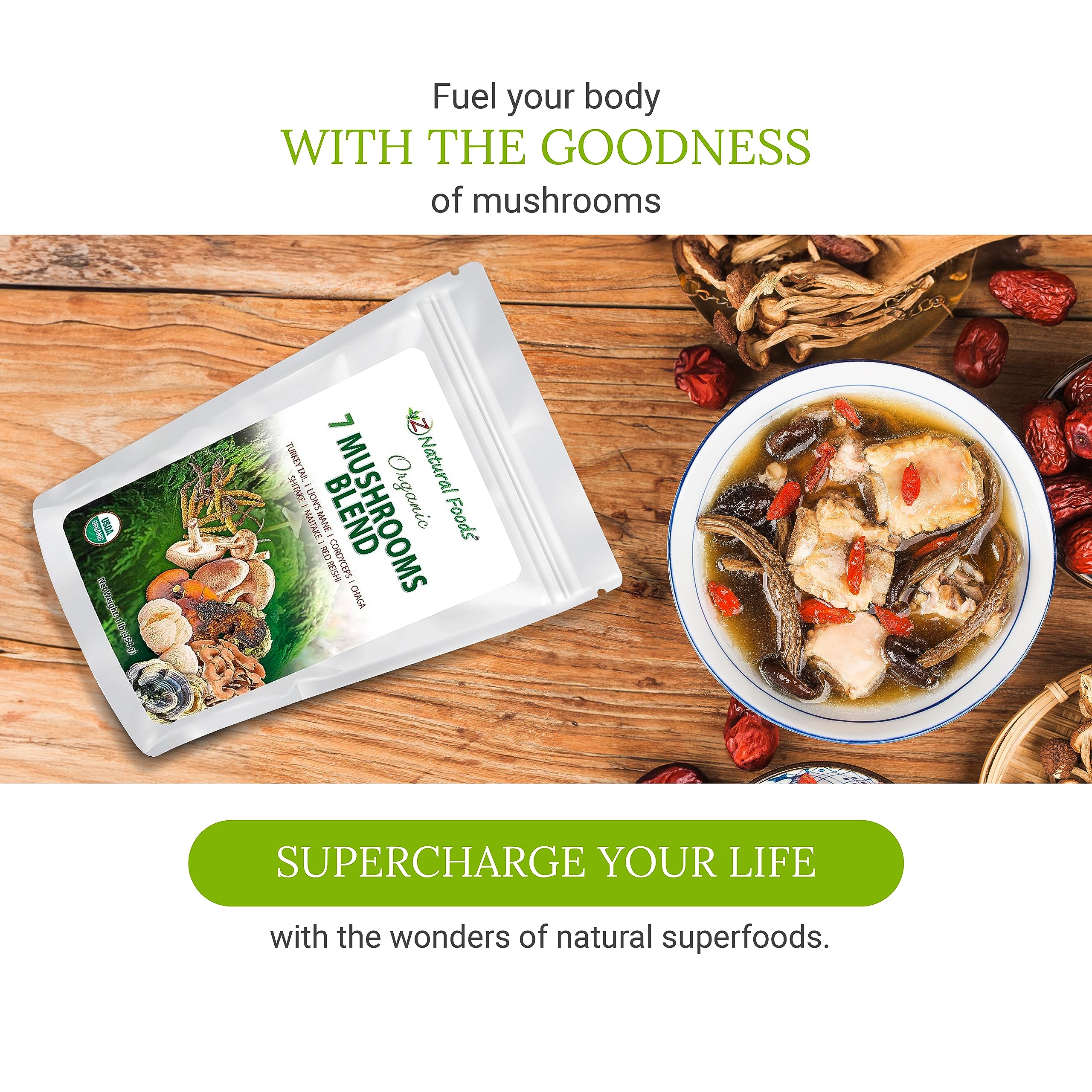 Z Natural Foods Sacred 7 Organic Mushroom Blend powder close-up