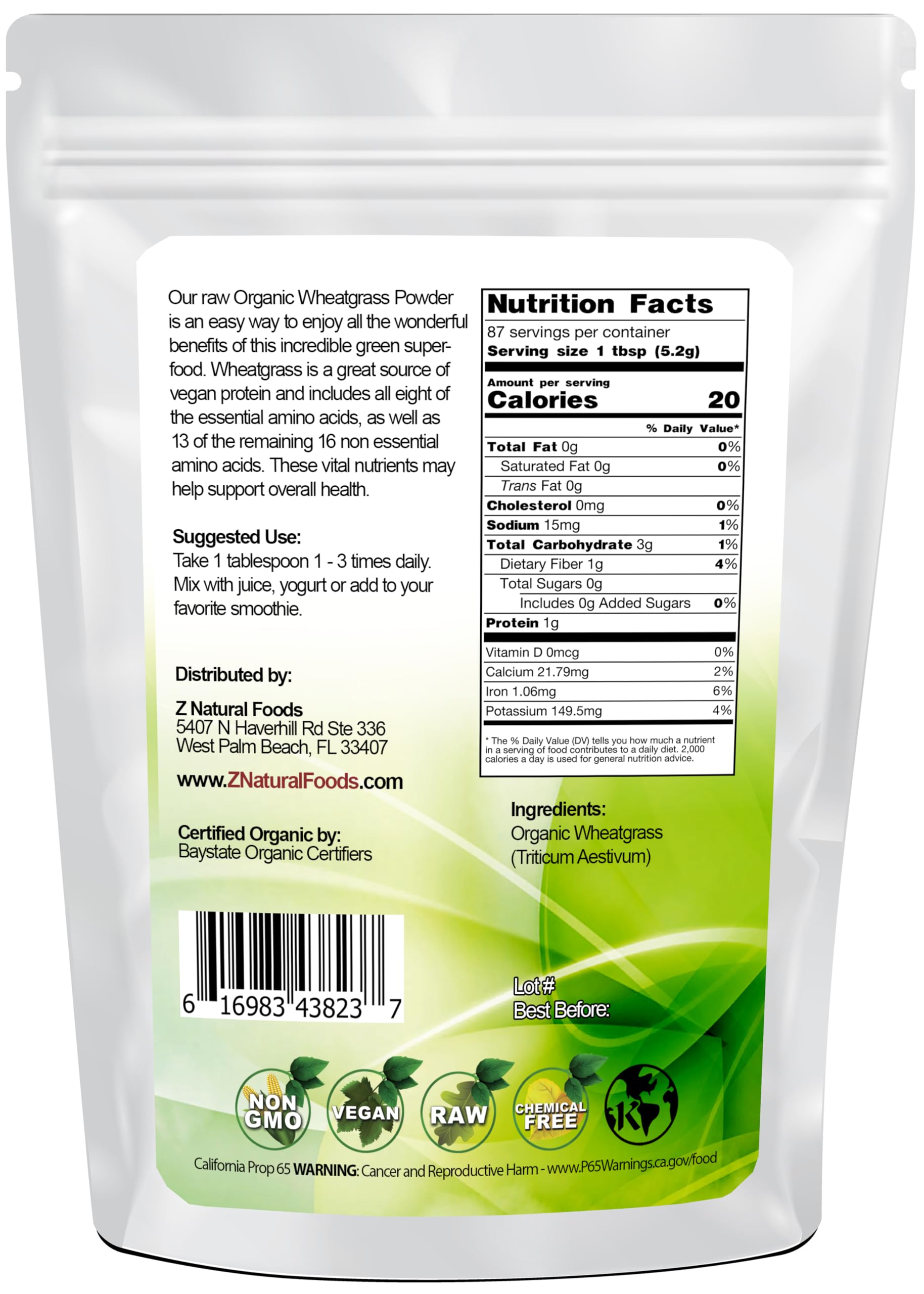 Z Natural Foods Wheatgrass Powder 454g packaging