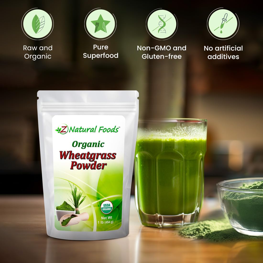 Z Natural Foods Wheatgrass Powder in a bowl