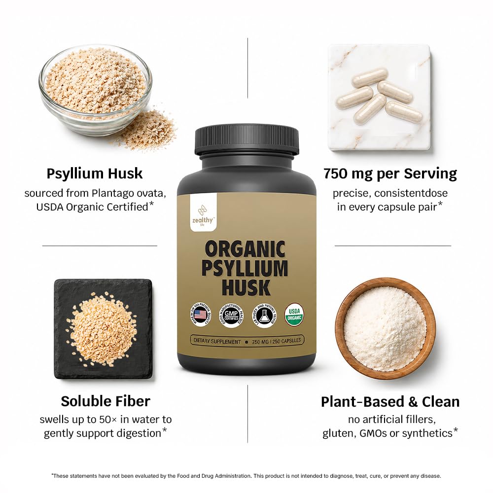 Z Zealthy Life Psyllium Husk Capsules on a kitchen counter